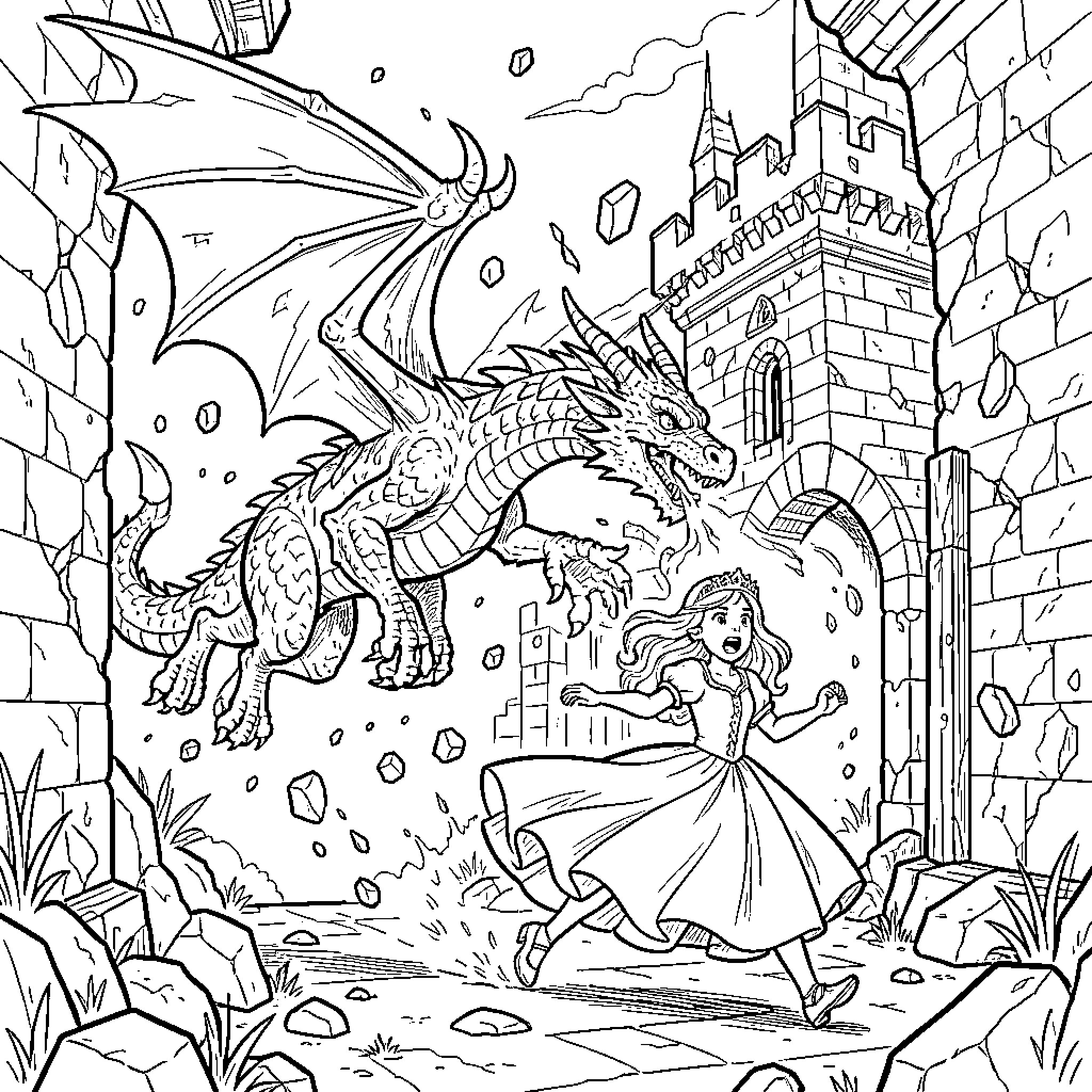 Dragon Guarding the Enchanted Castle Coloring Page (free black-and-white line drawing printable PDF for all, from beginners to advanced learners, including children, teens, adults, and seniors)