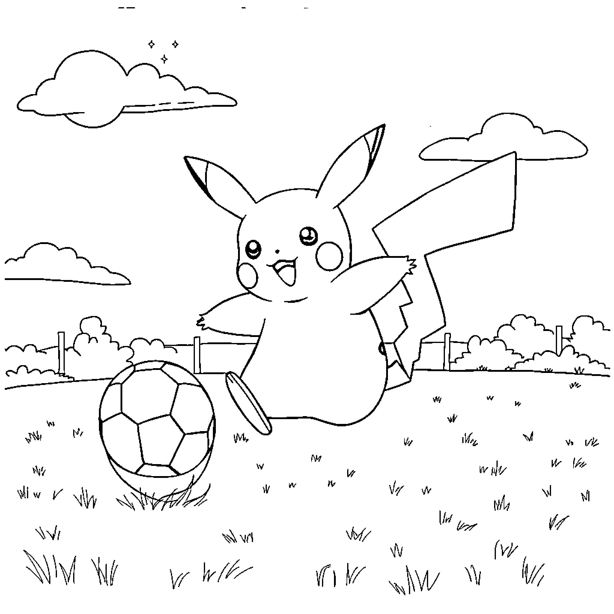 Pikachu playing cheerfully with a soccer ball outdoors Coloring Page (free black-and-white line drawing printable PDF for all, from beginners to advanced learners, including children, teens, adults, and seniors)