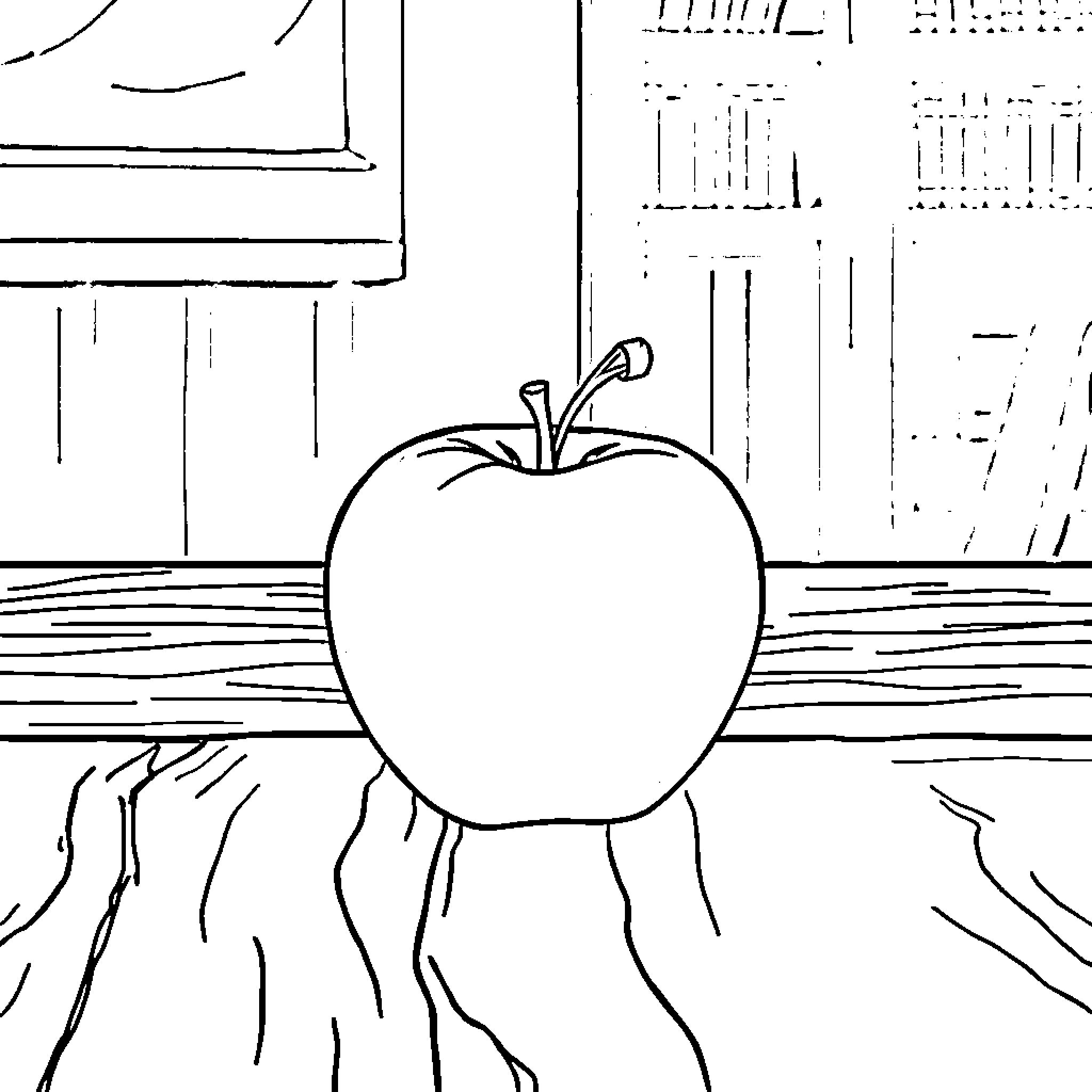 Apple on a Wooden Table Coloring Page (free black-and-white line drawing printable PDF for all, from beginners to advanced learners, including children, teens, adults, and seniors)