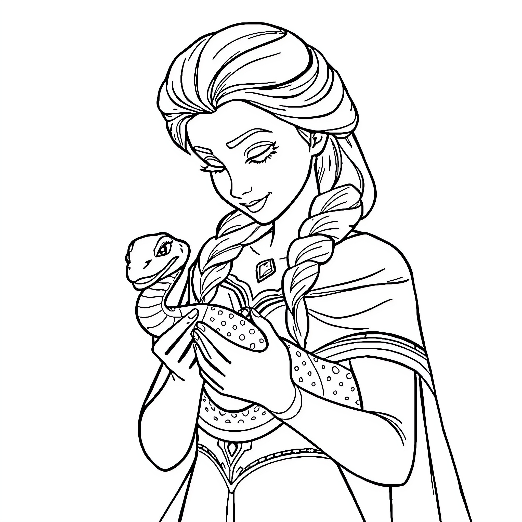 Elsa in a warm embrace with her companion Coloring Page (free black-and-white line drawing printable PDF for all, from beginners to advanced learners, including children, teens, adults, and seniors)