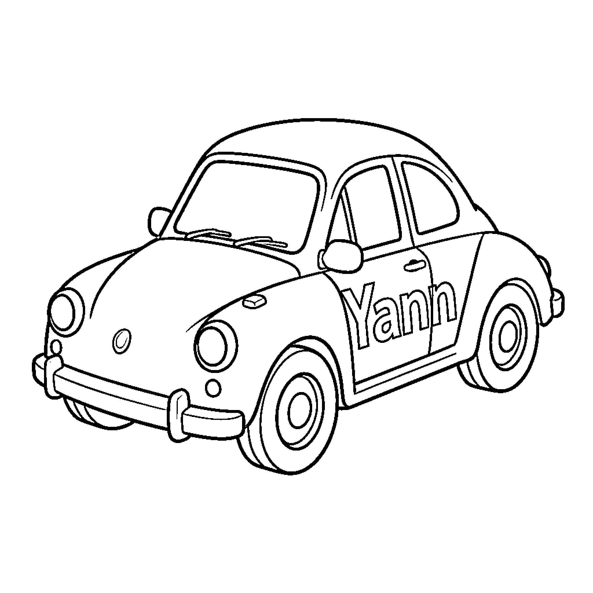 Hot Wheel classic car driving with Yann text Coloring Page (free black-and-white line drawing printable PDF for all, from beginners to advanced learners, including children, teens, adults, and seniors)