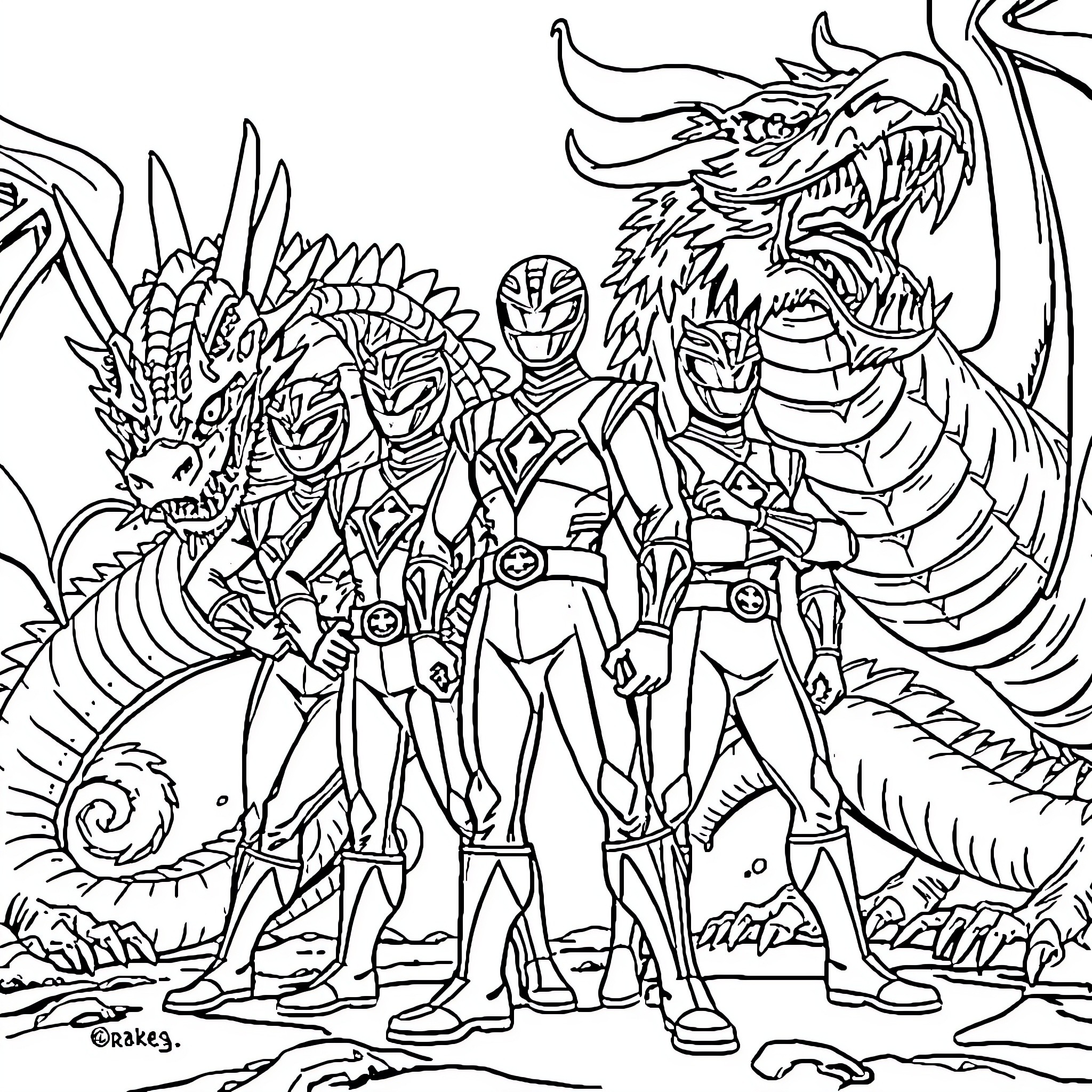 Power Rangers Facing Fierce Reptilian Foes Coloring Page (free black-and-white line drawing printable PDF for all, from beginners to advanced learners, including children, teens, adults, and seniors)