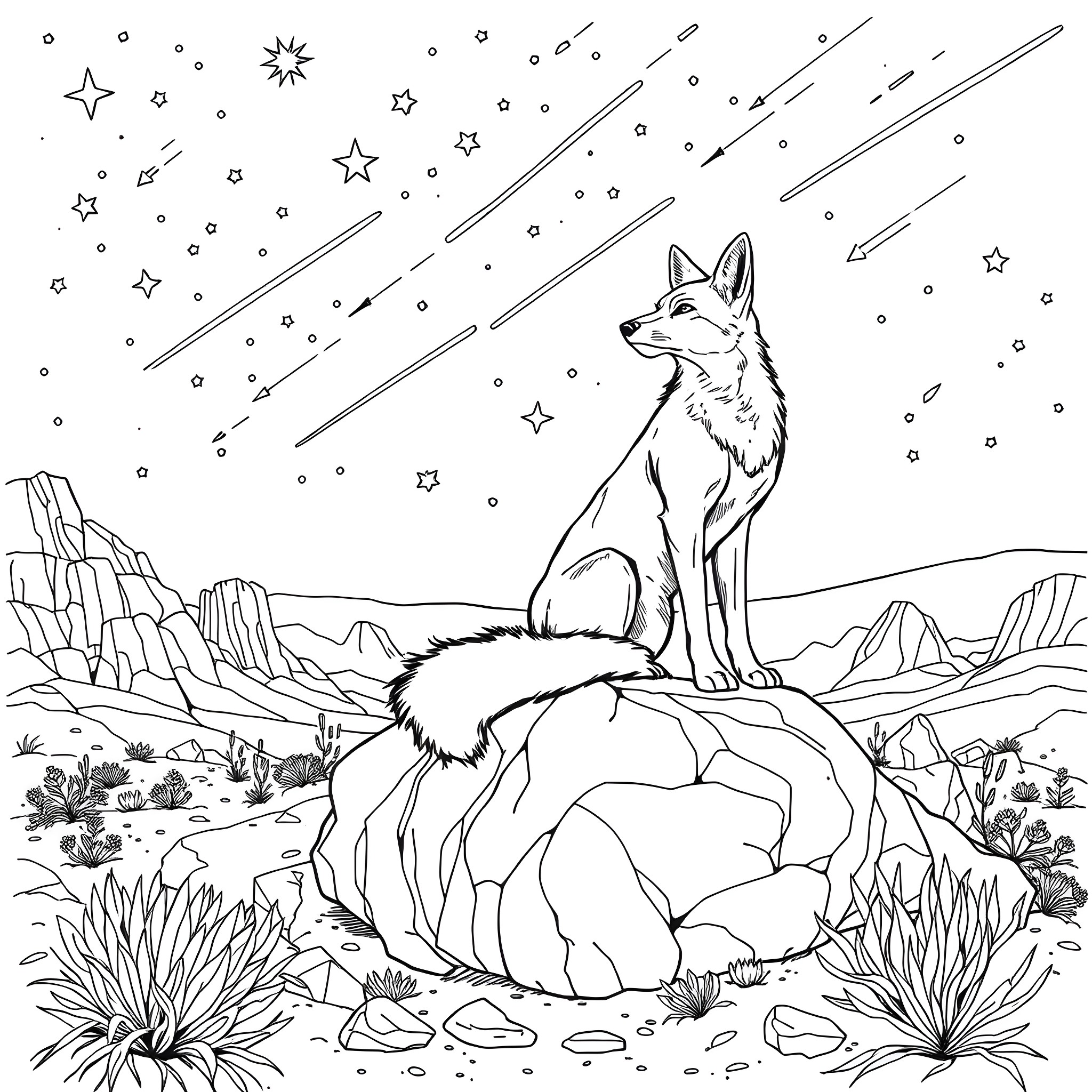 Coyote gazing at the starry night sky Coloring Page (free black-and-white line drawing printable PDF for all, from beginners to advanced learners, including children, teens, adults, and seniors)