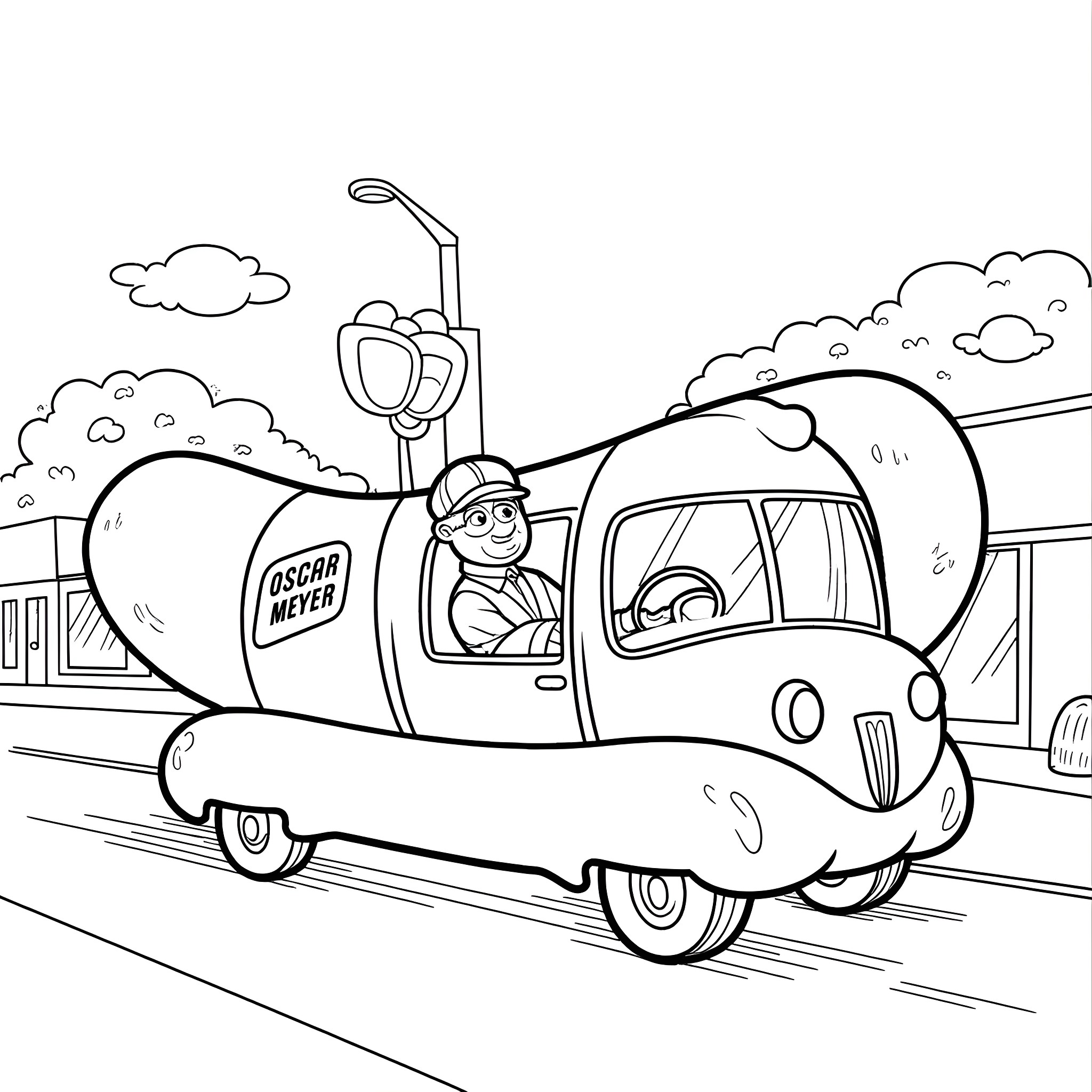 Rod Farva drives the Oscar Mayer Weinermobile down the road Coloring Page (free black-and-white line drawing printable PDF for all, from beginners to advanced learners, including children, teens, adults, and seniors)