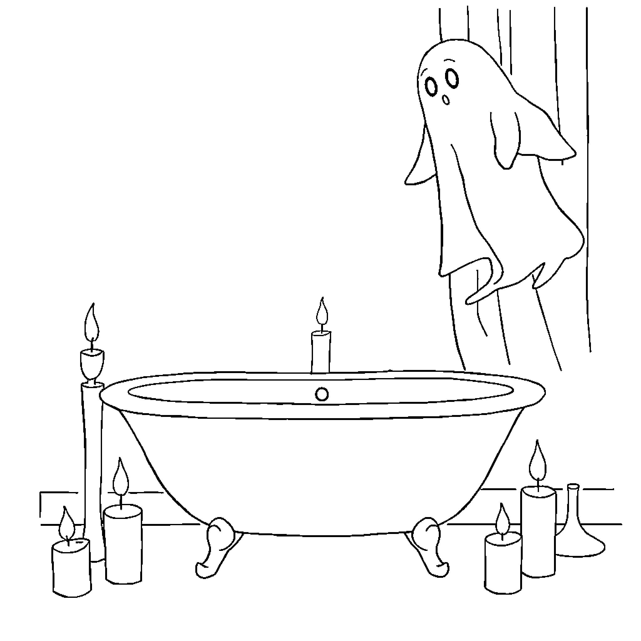 Ghost Playing Peek-a-Boo in Candlelit Bathroom Coloring Page (free black-and-white line drawing printable PDF for all, from beginners to advanced learners, including children, teens, adults, and seniors)