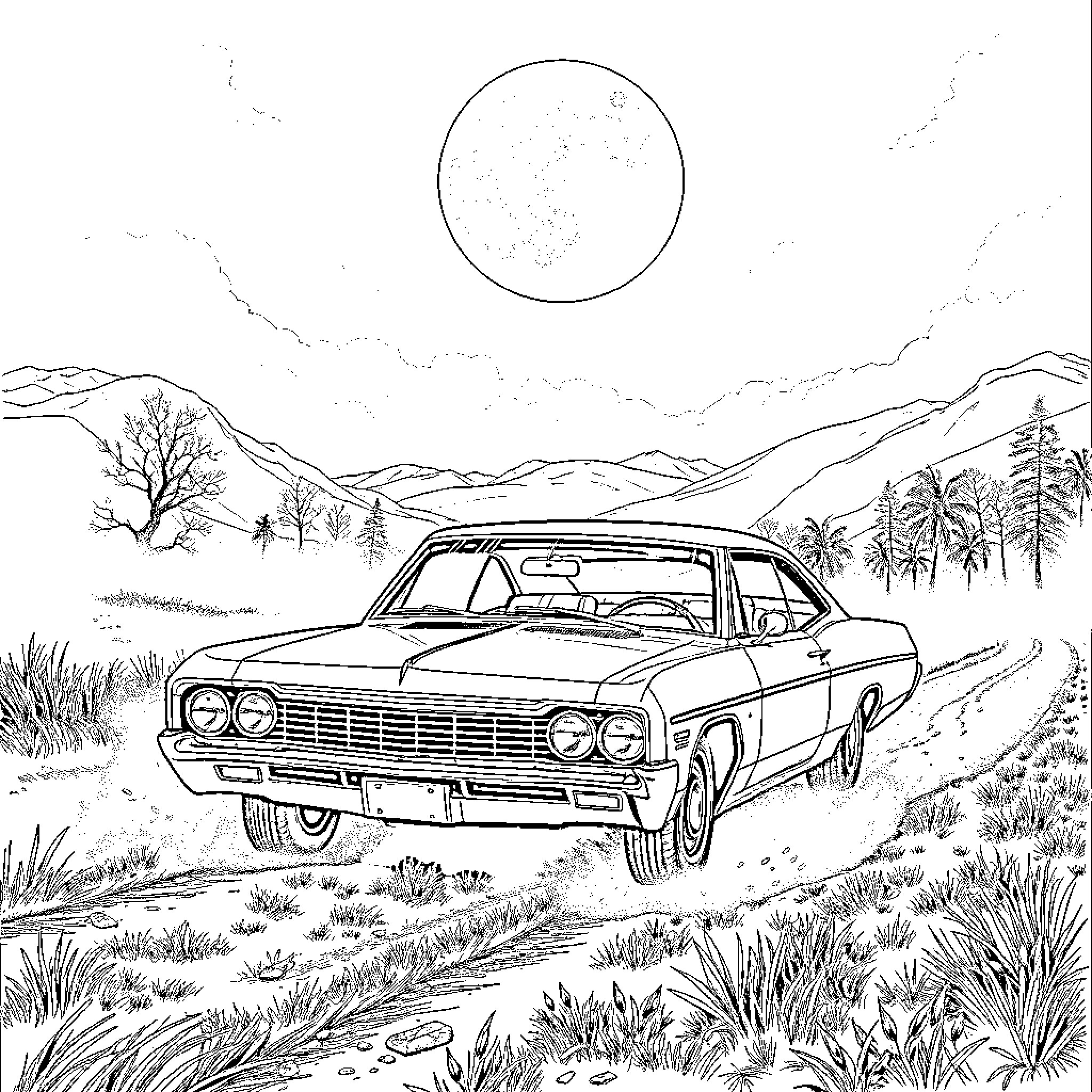 Impala car driving through the countryside Coloring Page (free black-and-white line drawing printable PDF for all, from beginners to advanced learners, including children, teens, adults, and seniors)