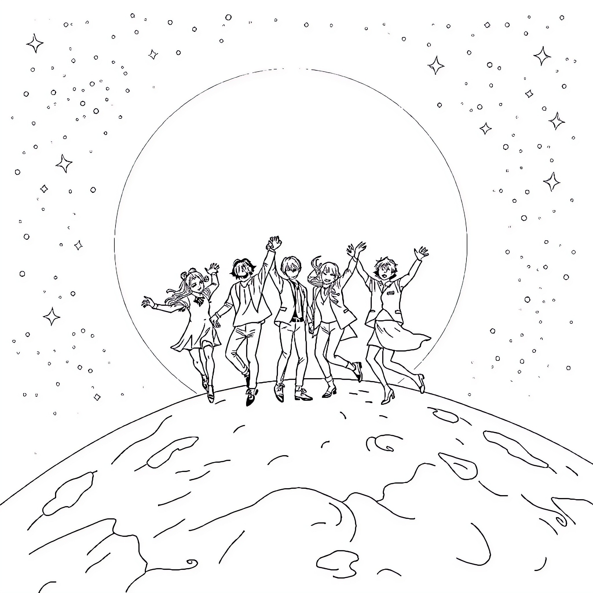 BTS Joyful Celebration Under the Stars Coloring Page (free black-and-white line drawing printable PDF for all, from beginners to advanced learners, including children, teens, adults, and seniors)