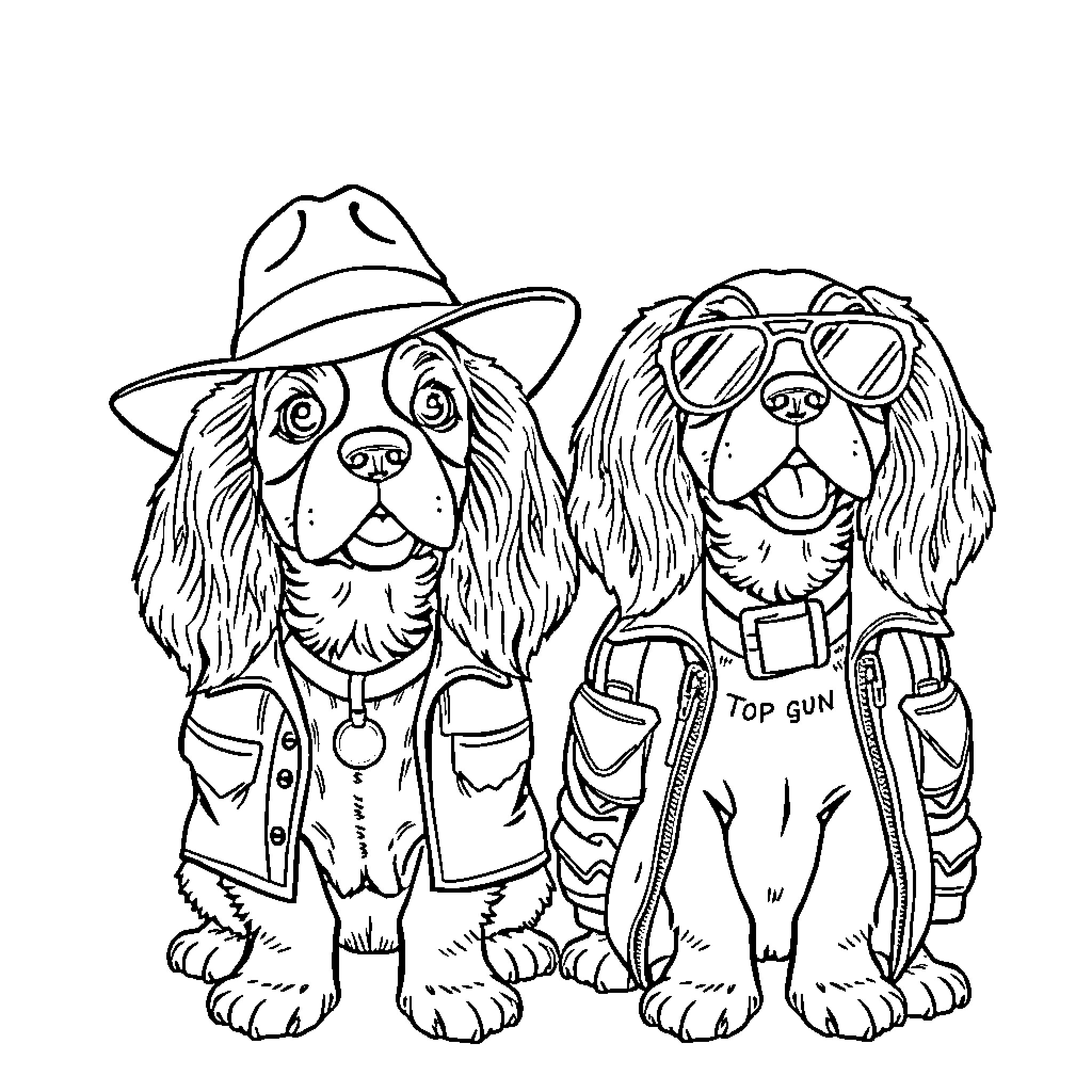 Cavalier King Charles Spaniels as Undercover Detectives Coloring Page (free black-and-white line drawing printable PDF for all, from beginners to advanced learners, including children, teens, adults, and seniors)