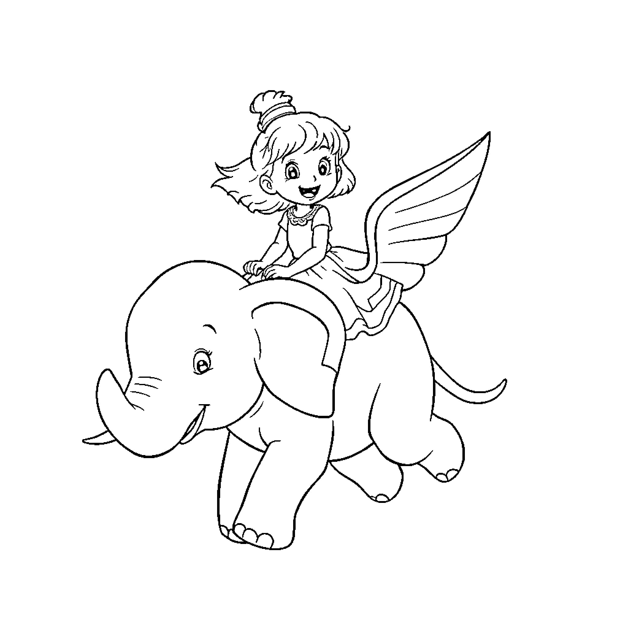 Girl riding a winged elephant Coloring Page (free black-and-white line drawing printable PDF for all, from beginners to advanced learners, including children, teens, adults, and seniors)