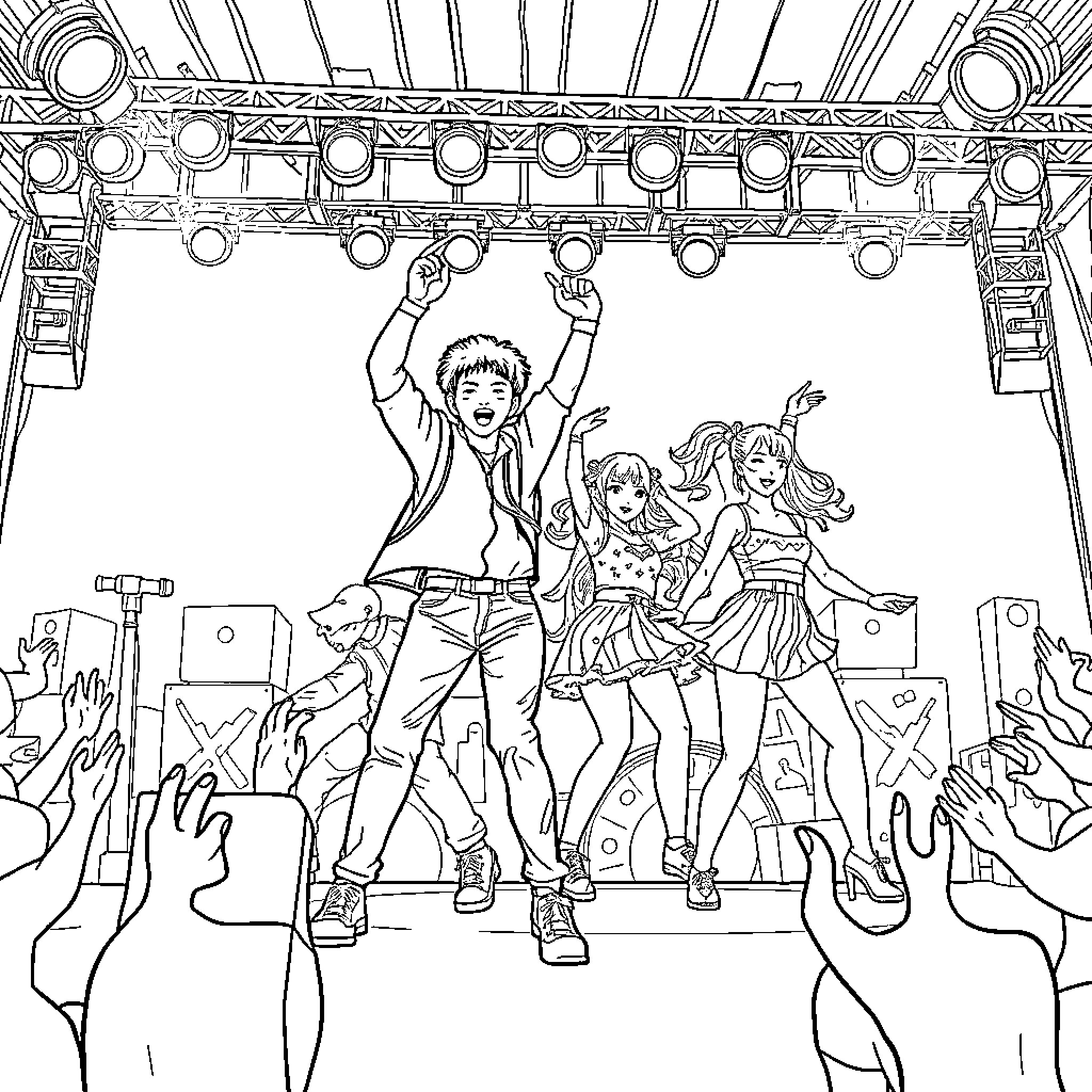 Kpop Stars Performing Energetic Dance on Stage Coloring Page (free black-and-white line drawing printable PDF for all, from beginners to advanced learners, including children, teens, adults, and seniors)