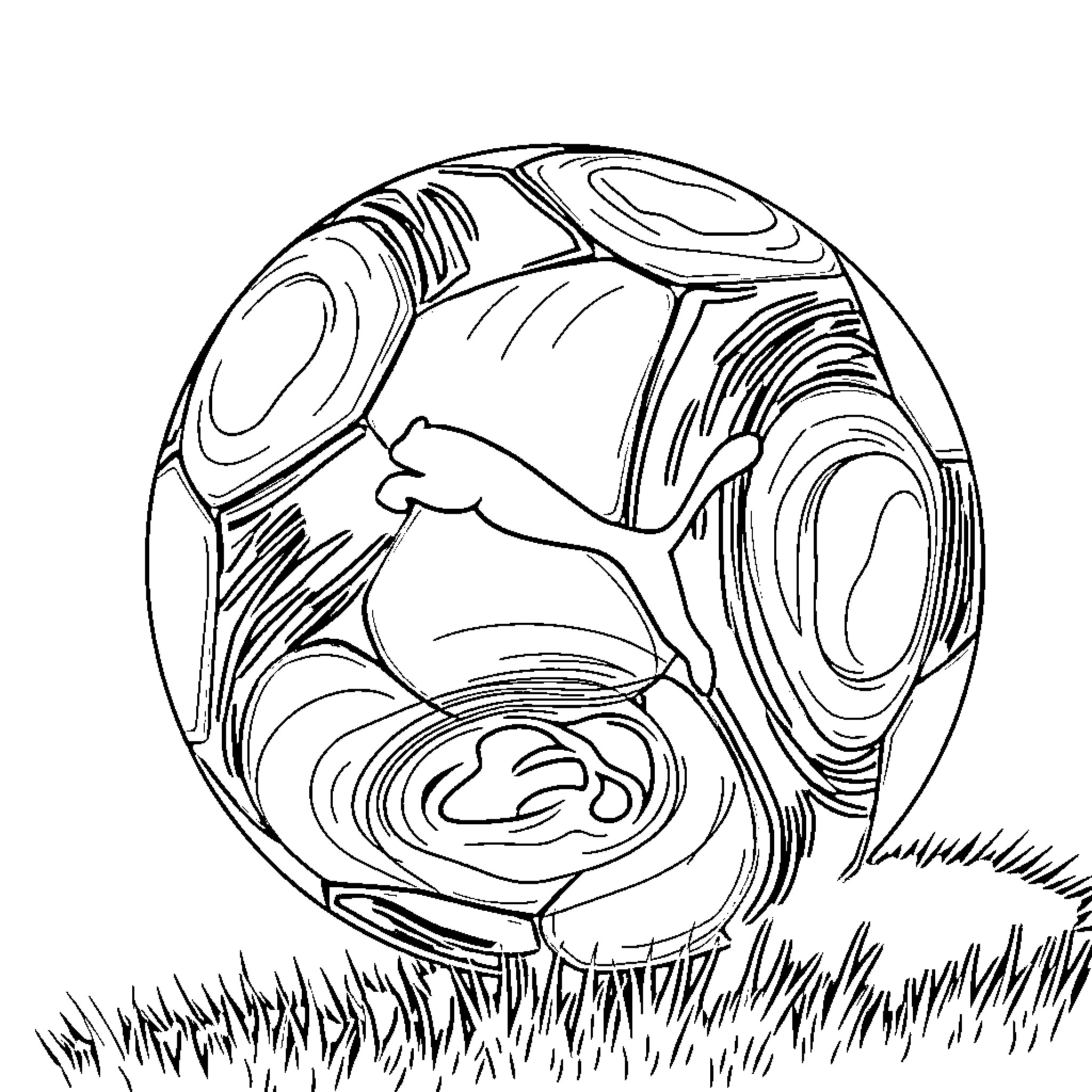 Puma Silhouette in Wooden Soccer Ball Coloring Page (free black-and-white line drawing printable PDF for all, from beginners to advanced learners, including children, teens, adults, and seniors)
