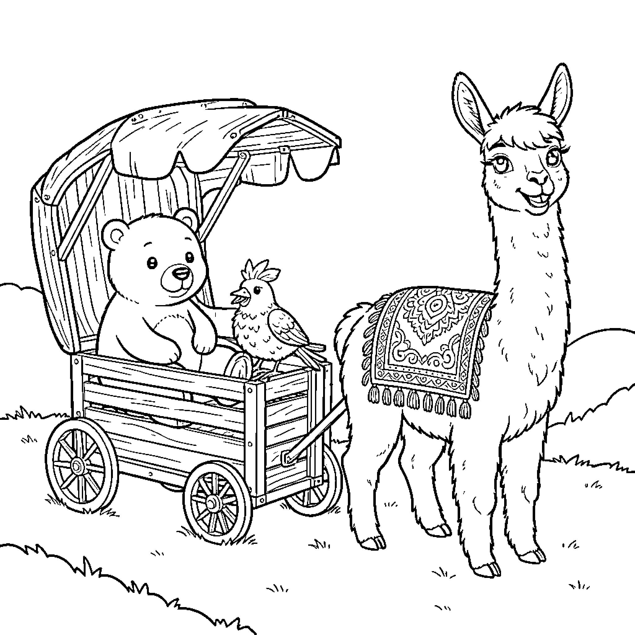 Cart carrying stuffed animals and a llama Coloring Page (free black-and-white line drawing printable PDF for all, from beginners to advanced learners, including children, teens, adults, and seniors)