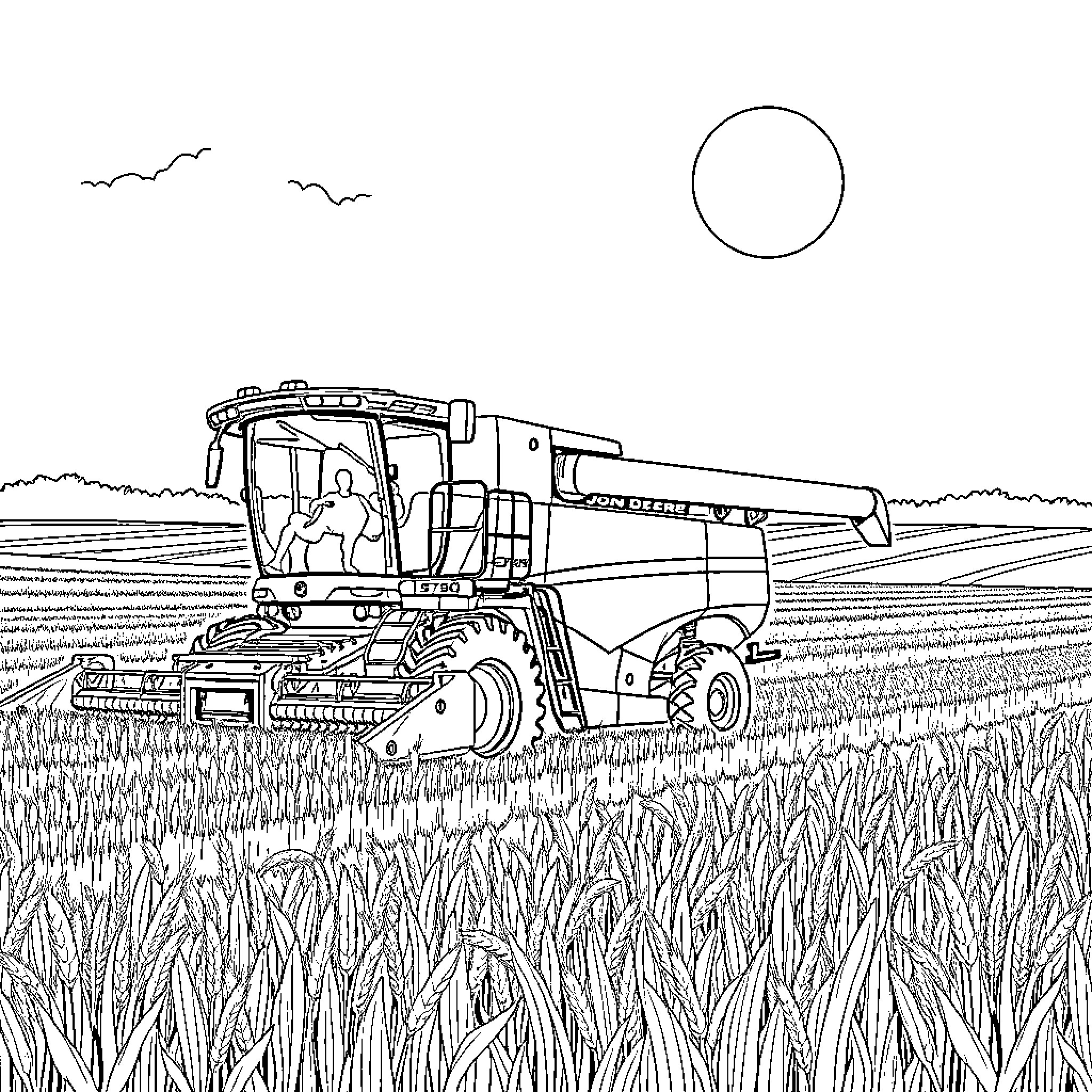 John Deere harvester working in the field Coloring Page (free black-and-white line drawing printable PDF for all, from beginners to advanced learners, including children, teens, adults, and seniors)