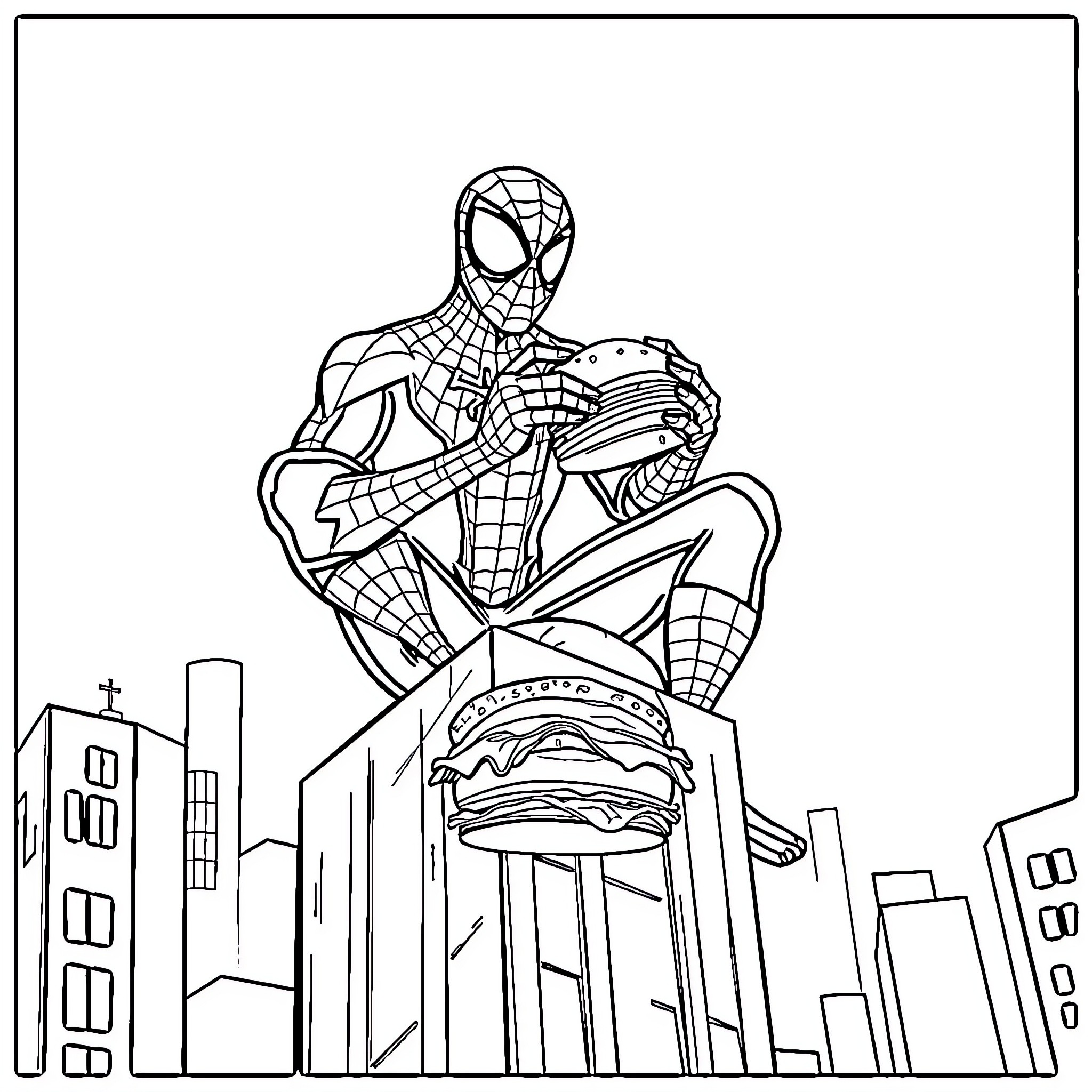 Spiderman swinging through the city with a giant hamburger Coloring Page (free black-and-white line drawing printable PDF for all, from beginners to advanced learners, including children, teens, adults, and seniors)