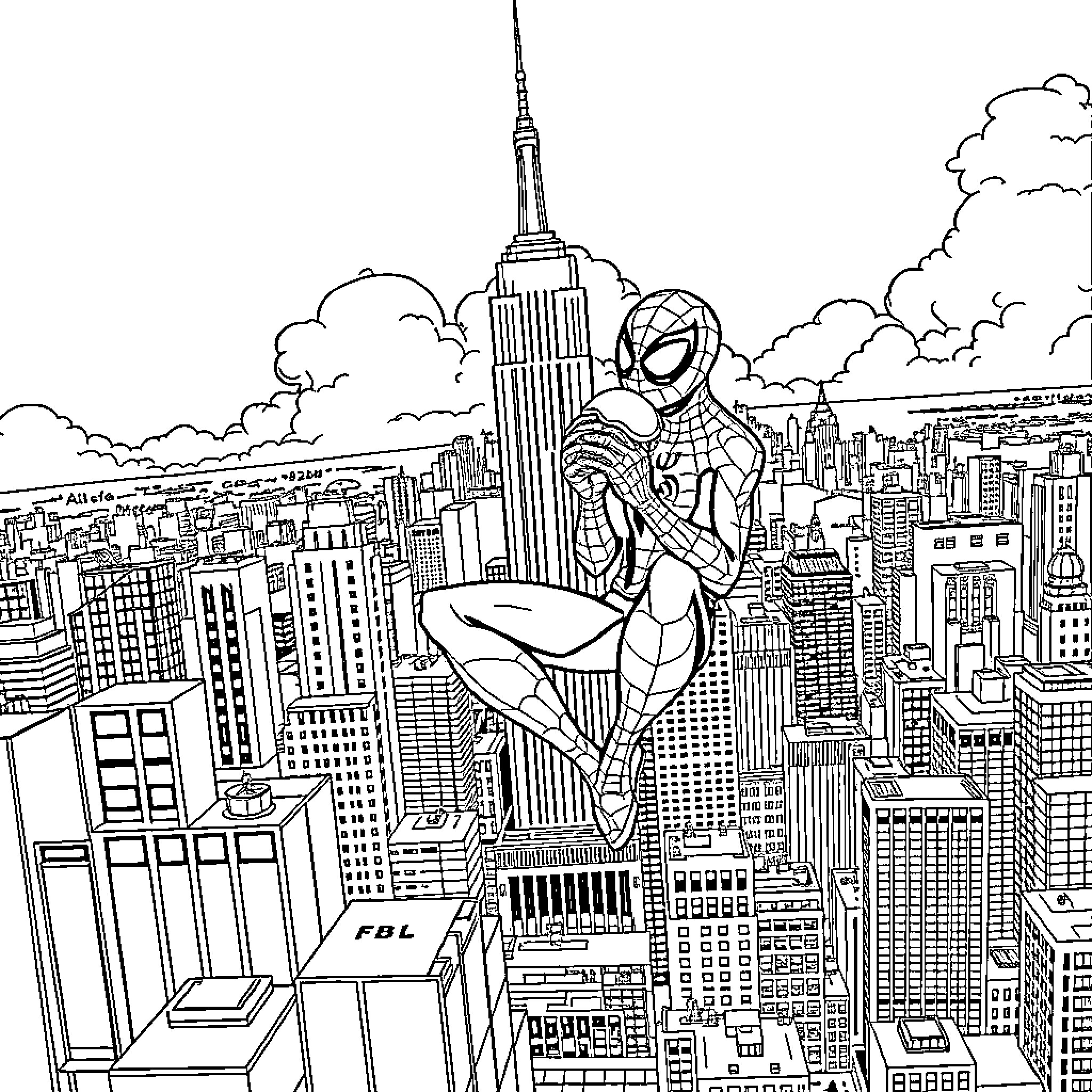 Spiderman swinging through the city skyline Coloring Page (free black-and-white line drawing printable PDF for all, from beginners to advanced learners, including children, teens, adults, and seniors)