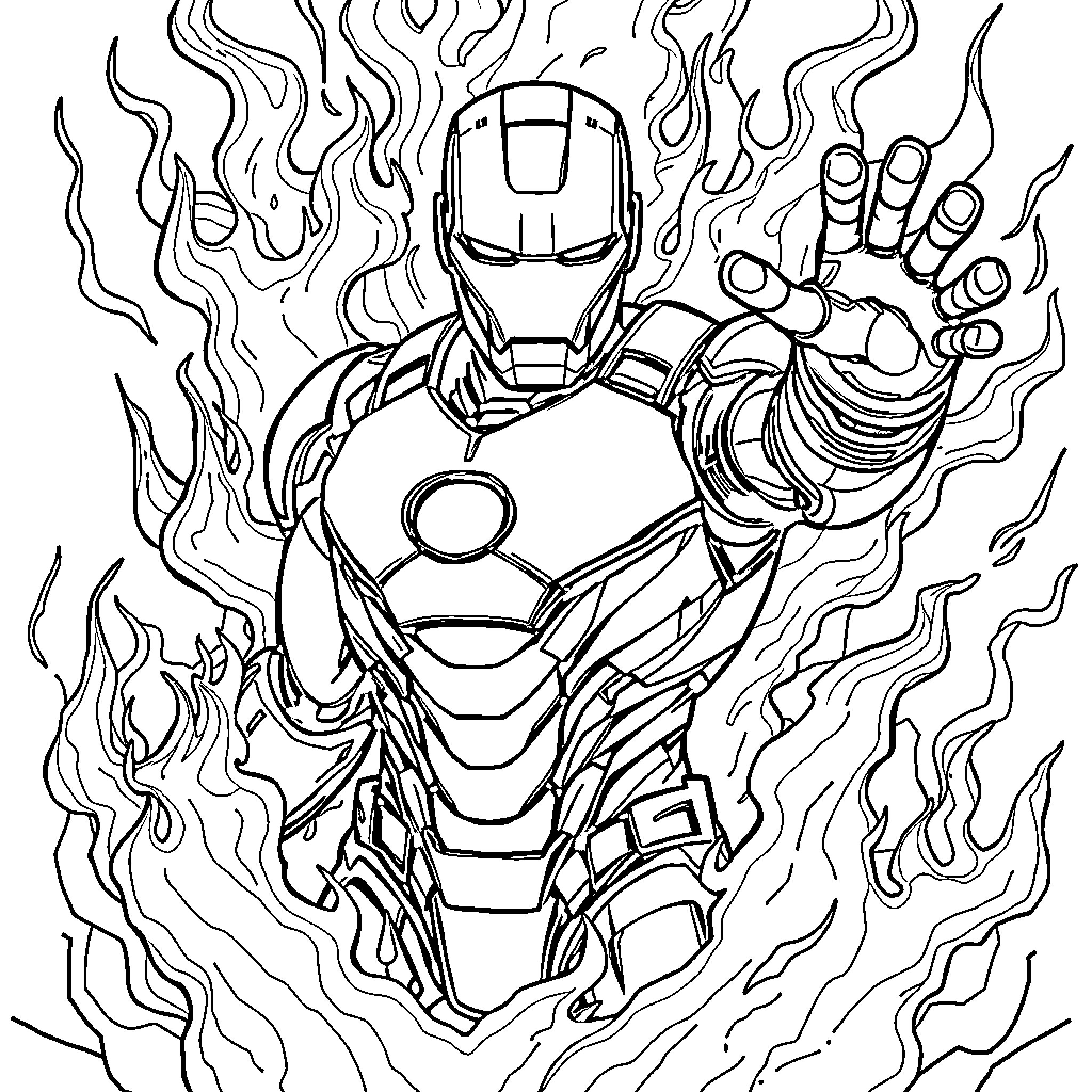 Iron Man Unleashing Fiery Power and Intensity Coloring Page (free black-and-white line drawing printable PDF for all, from beginners to advanced learners, including children, teens, adults, and seniors)