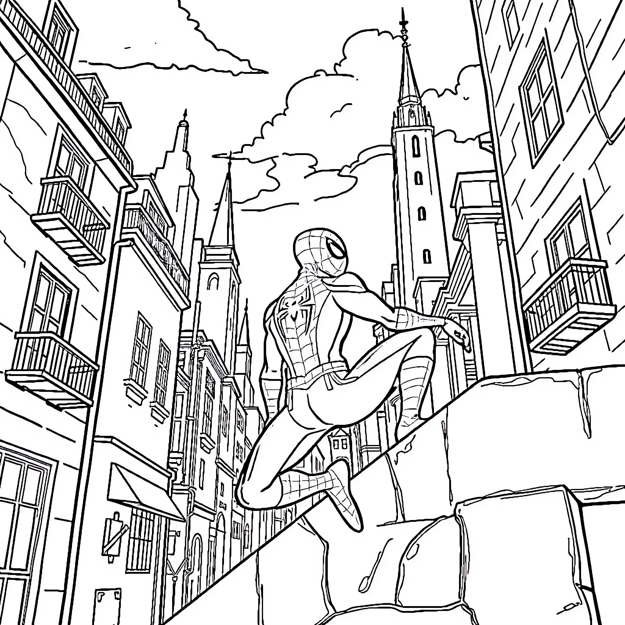 Spiderman swinging through the city skyline Coloring Page (free black-and-white line drawing printable PDF for all, from beginners to advanced learners, including children, teens, adults, and seniors)
