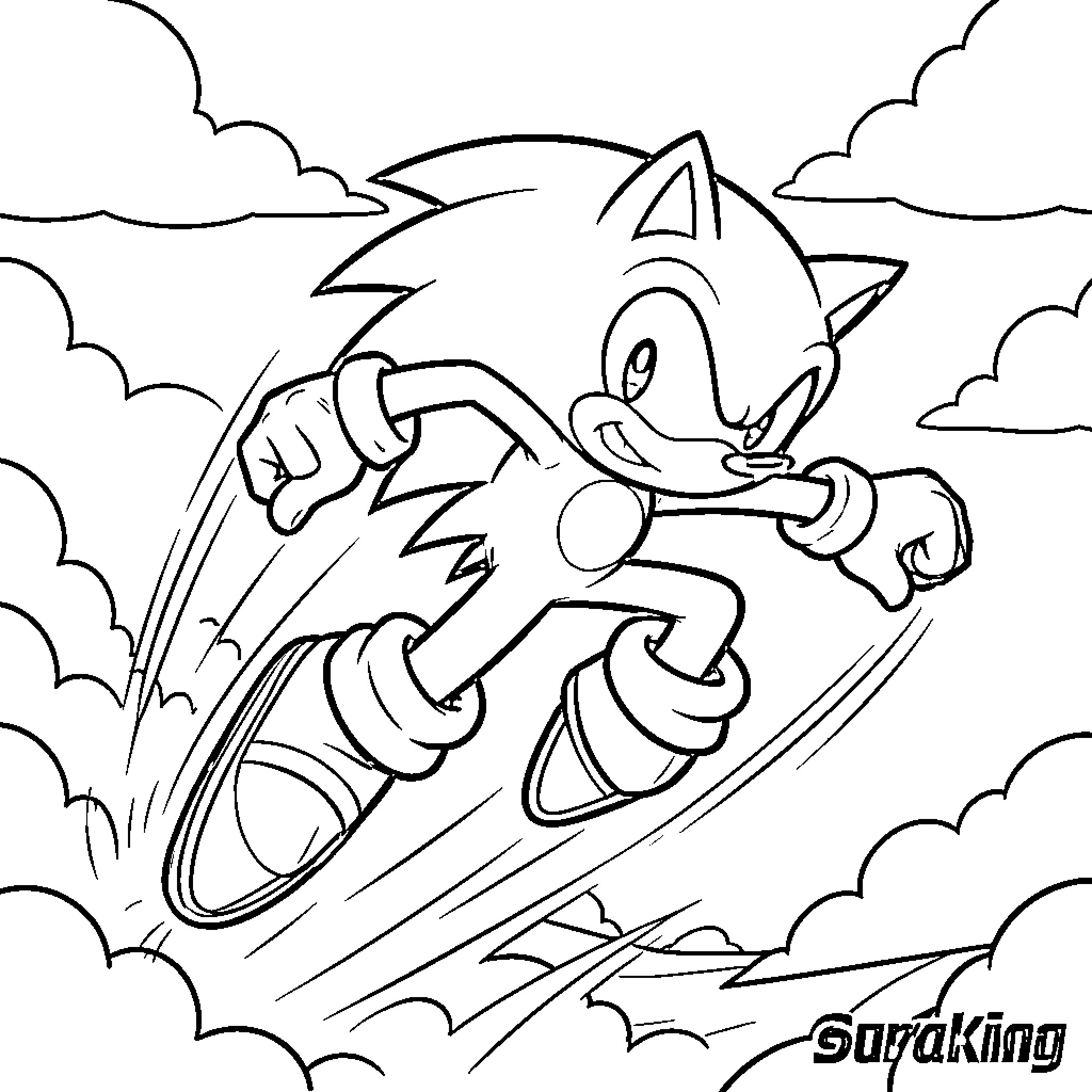 Sonic running fast through the clouds Coloring Page (free black-and-white line drawing printable PDF for all, from beginners to advanced learners, including children, teens, adults, and seniors)