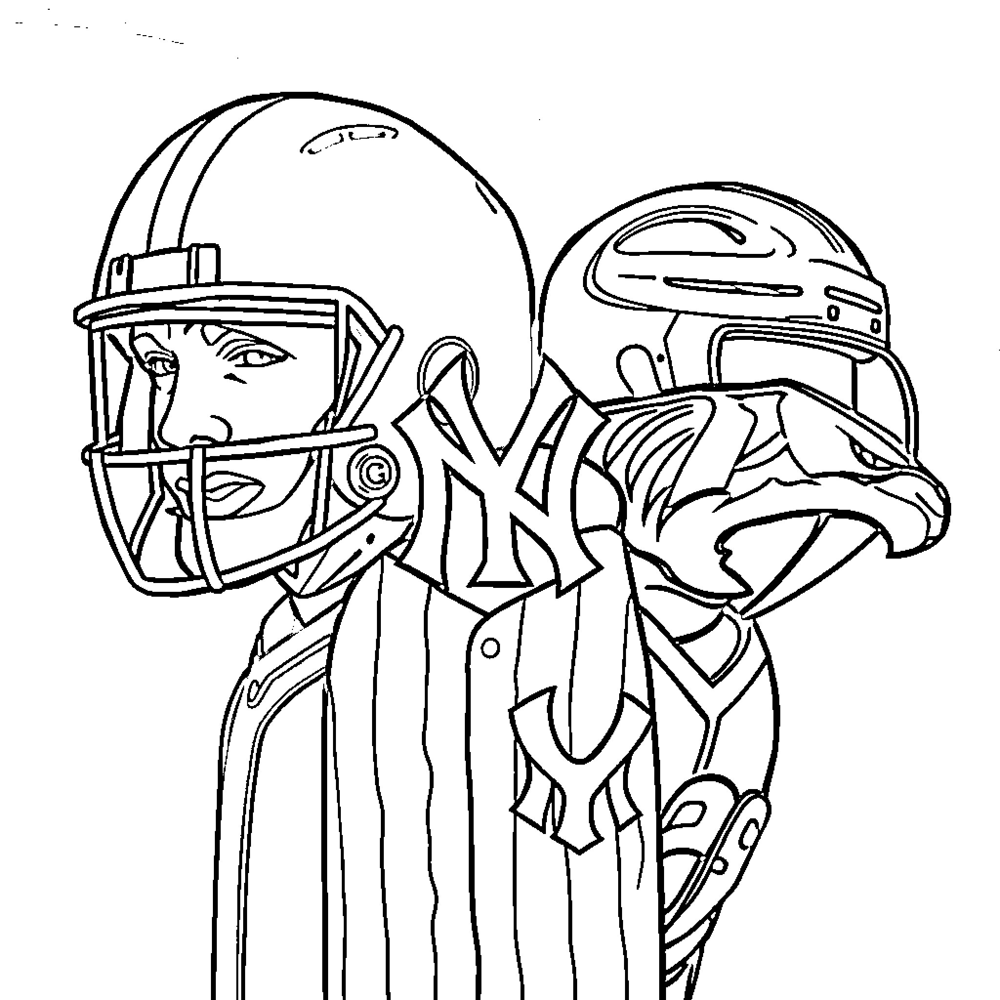 Sports Team Helmet Players in Action Coloring Page (free black-and-white line drawing printable PDF for all, from beginners to advanced learners, including children, teens, adults, and seniors)