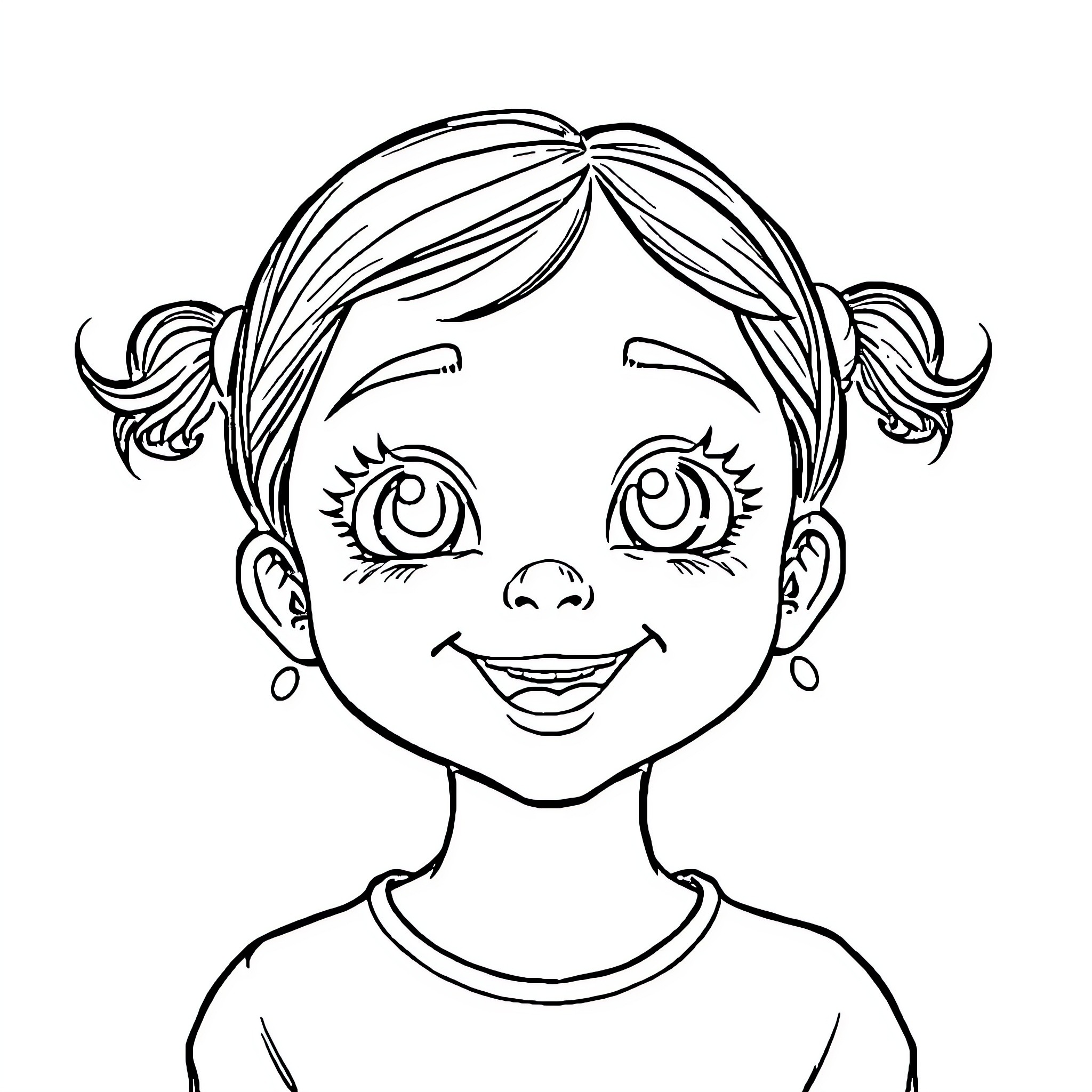 Girl with joyful expression and pigtails Coloring Page (free black-and-white line drawing printable PDF for all, from beginners to advanced learners, including children, teens, adults, and seniors)