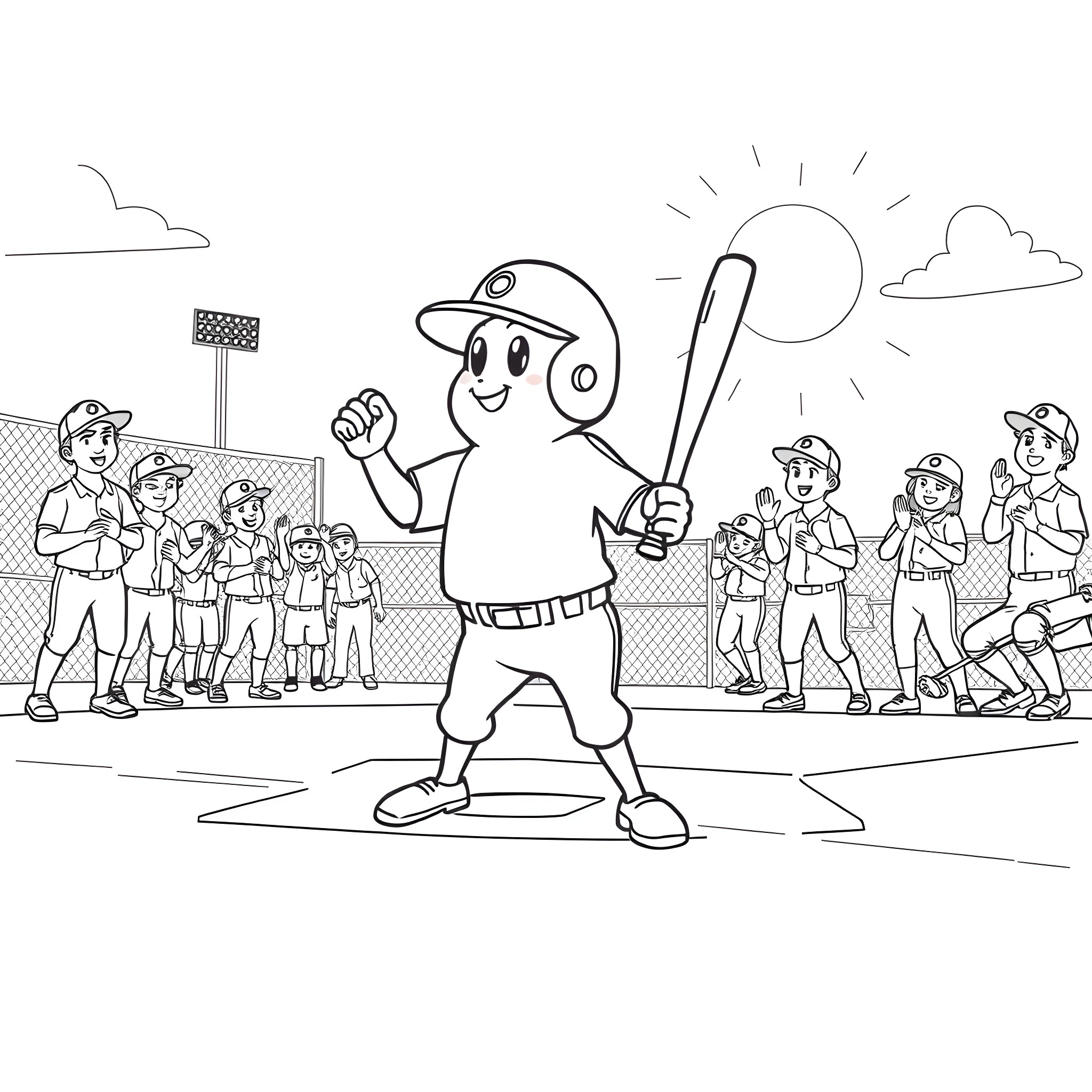 Tum Tum Tum Sahur: Baseball Game with Cheerful Players Coloring Page (free black-and-white line drawing printable PDF for all, from beginners to advanced learners, including children, teens, adults, and seniors)