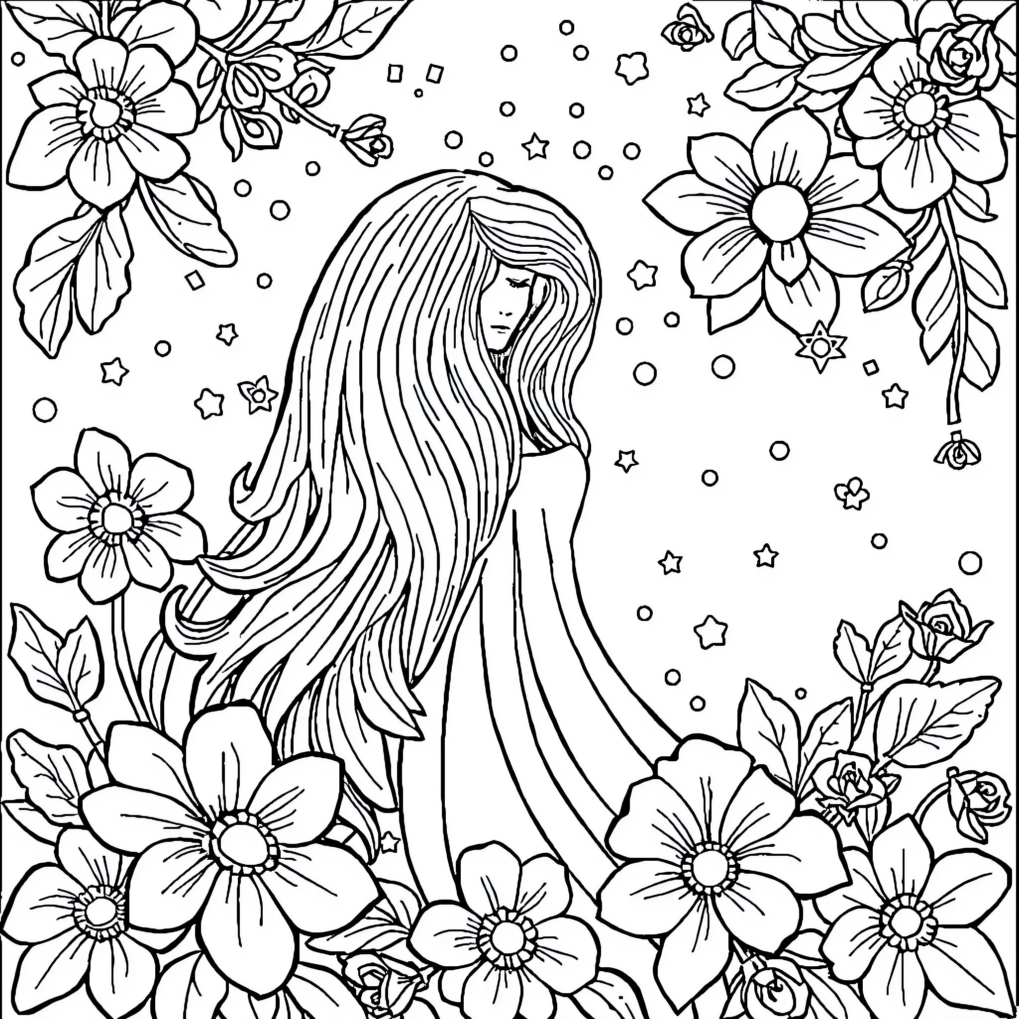 Jewel of Flowers Coloring Page (free black-and-white line drawing printable PDF for all, from beginners to advanced learners, including children, teens, adults, and seniors)