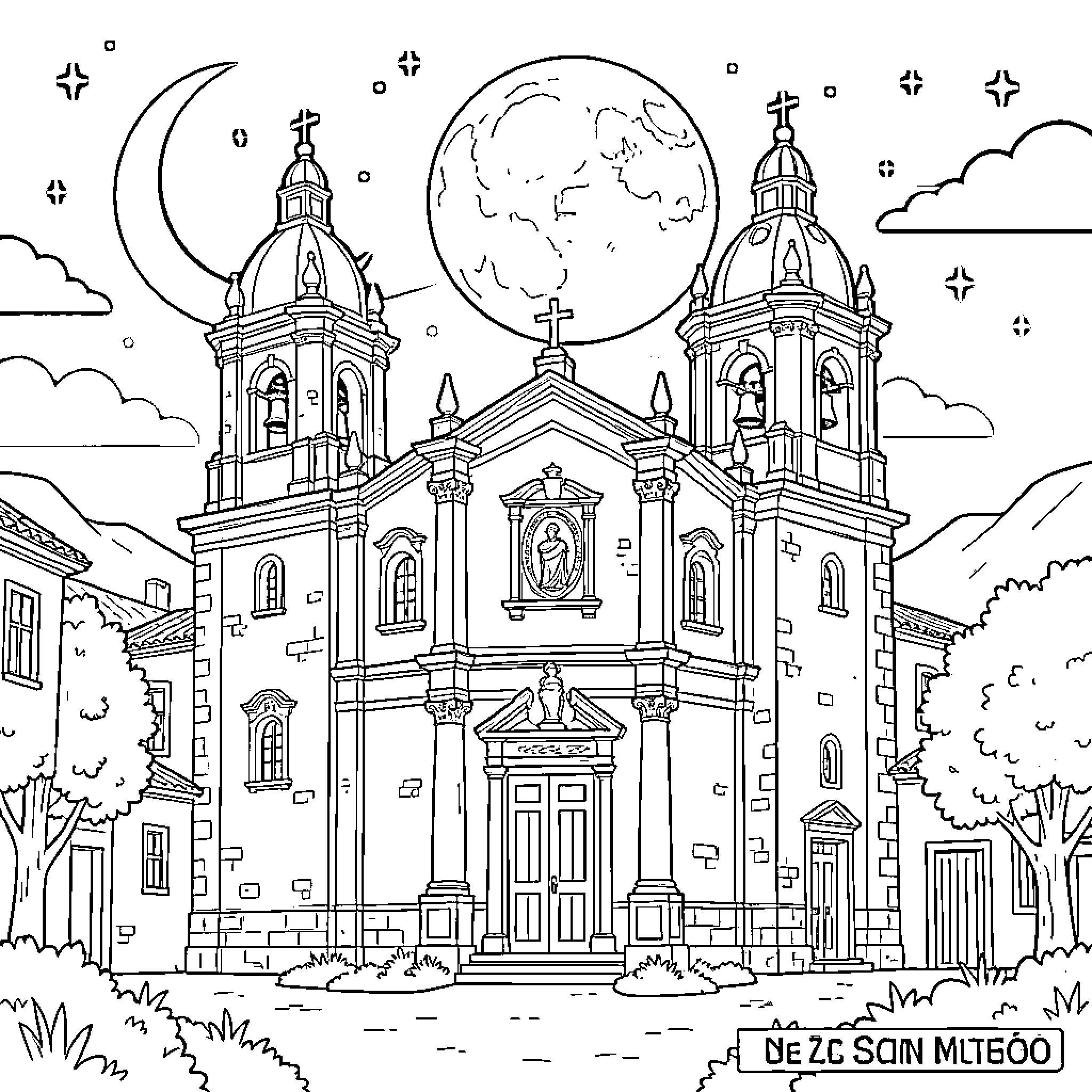 Iglesia de la ciudad amanecer con luna Coloring Page (free black-and-white line drawing printable PDF for all, from beginners to advanced learners, including children, teens, adults, and seniors)