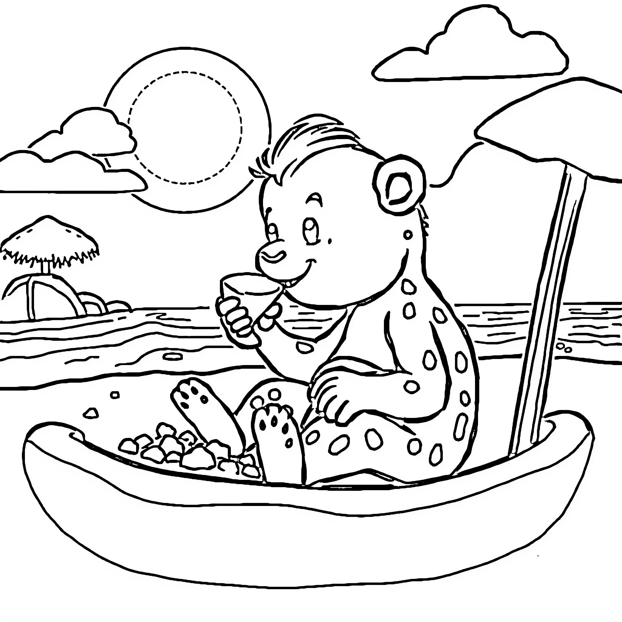 Baby bear rowing a boat on the lake Coloring Page (free black-and-white line drawing printable PDF for all, from beginners to advanced learners, including children, teens, adults, and seniors)