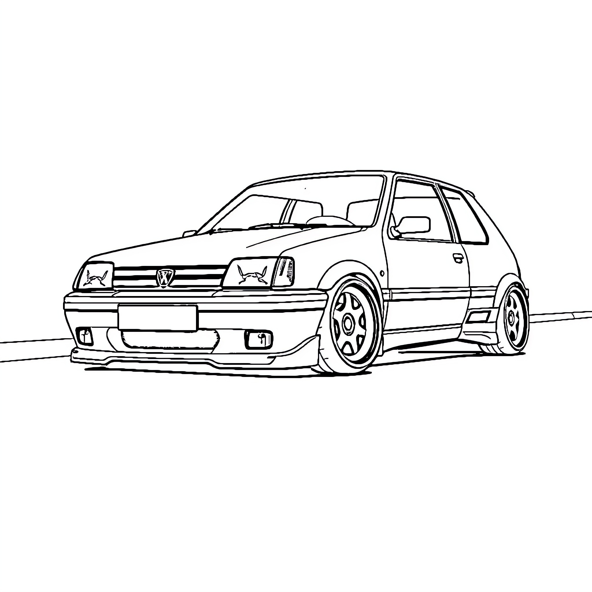 Peugeot Hatchback with Sporty Modifications Coloring Page (free black-and-white line drawing printable PDF for all, from beginners to advanced learners, including children, teens, adults, and seniors)