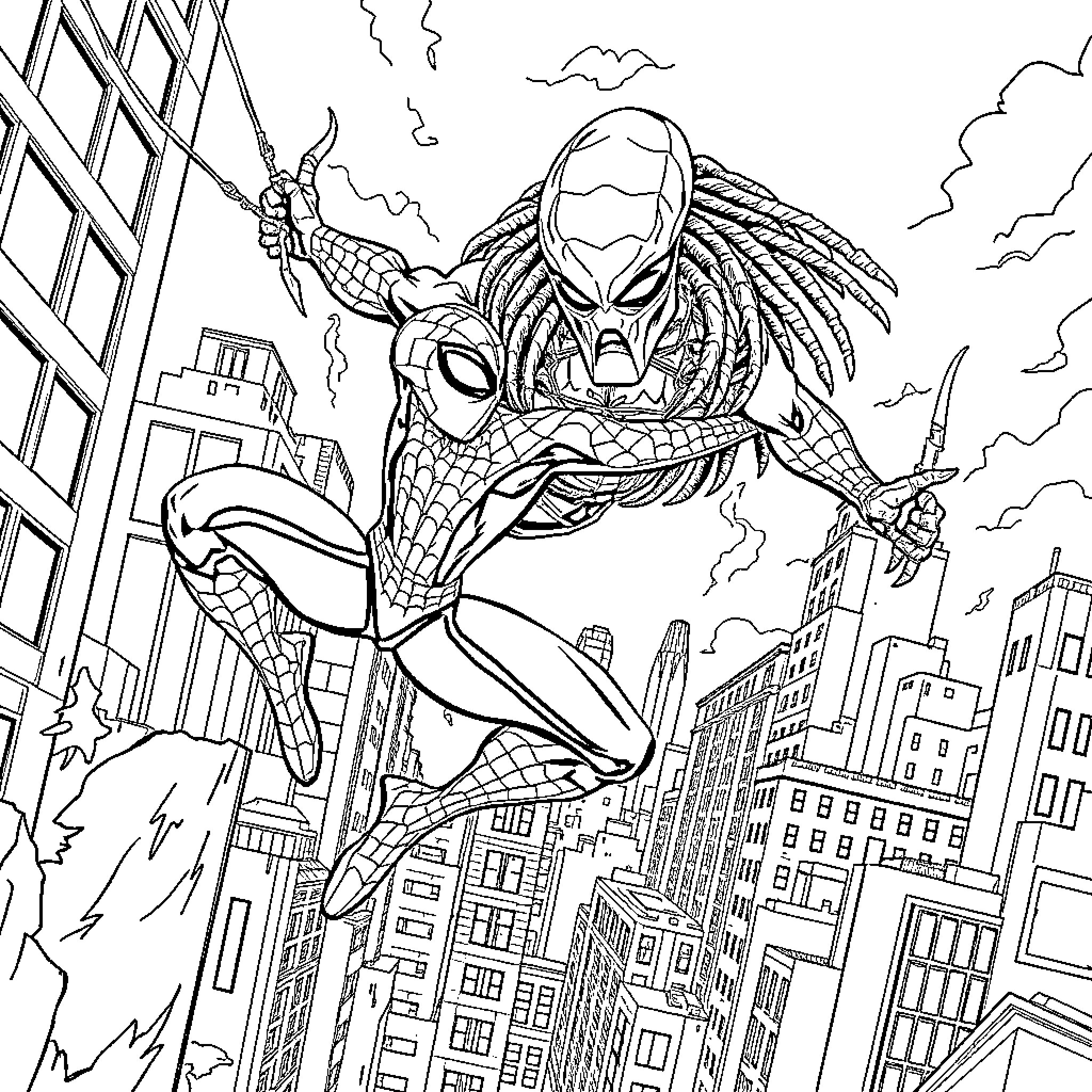 Spider-Man swings through the city with superhuman agility Coloring Page (free black-and-white line drawing printable PDF for all, from beginners to advanced learners, including children, teens, adults, and seniors)