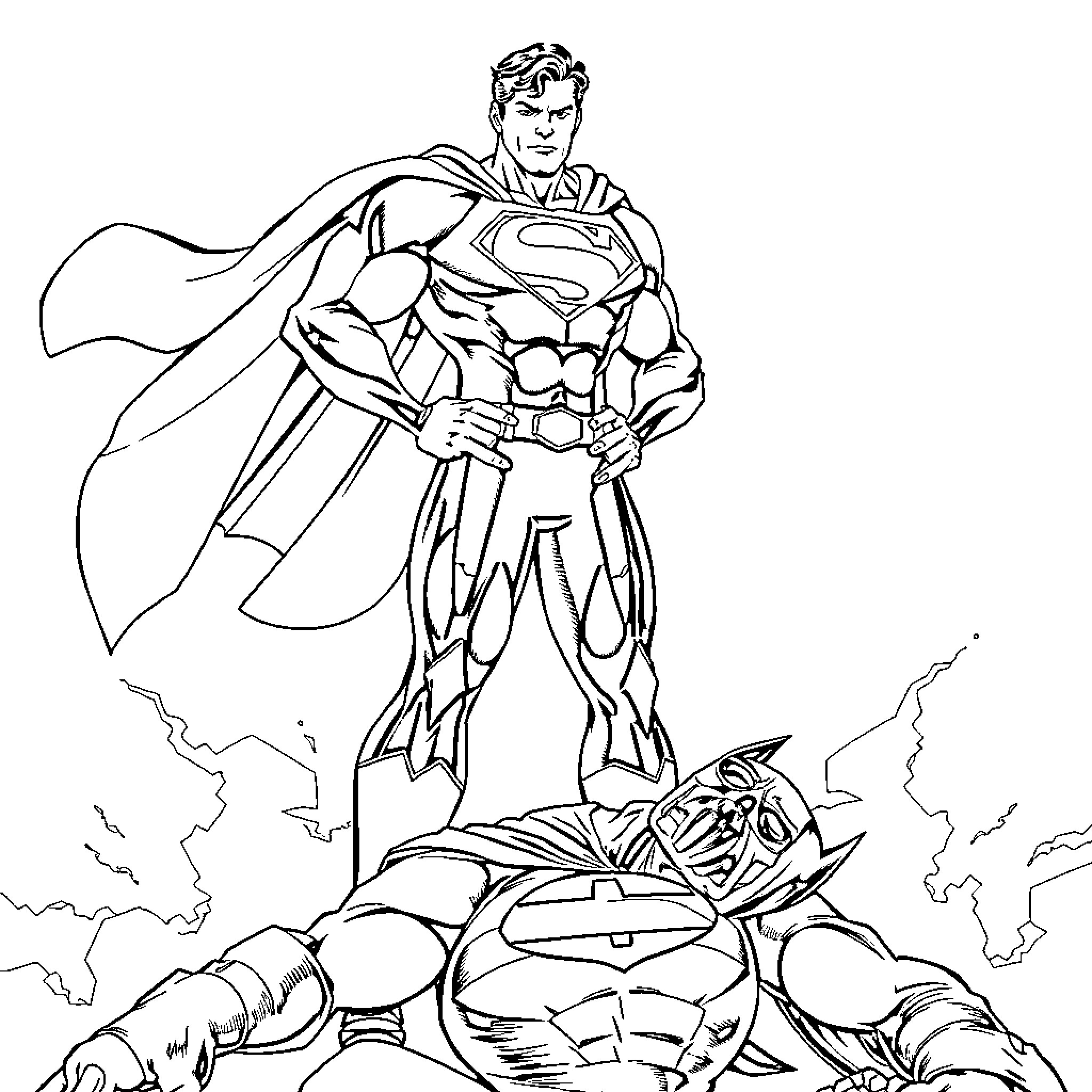 Superman heroically standing over defeated villain Coloring Page (free black-and-white line drawing printable PDF for all, from beginners to advanced learners, including children, teens, adults, and seniors)