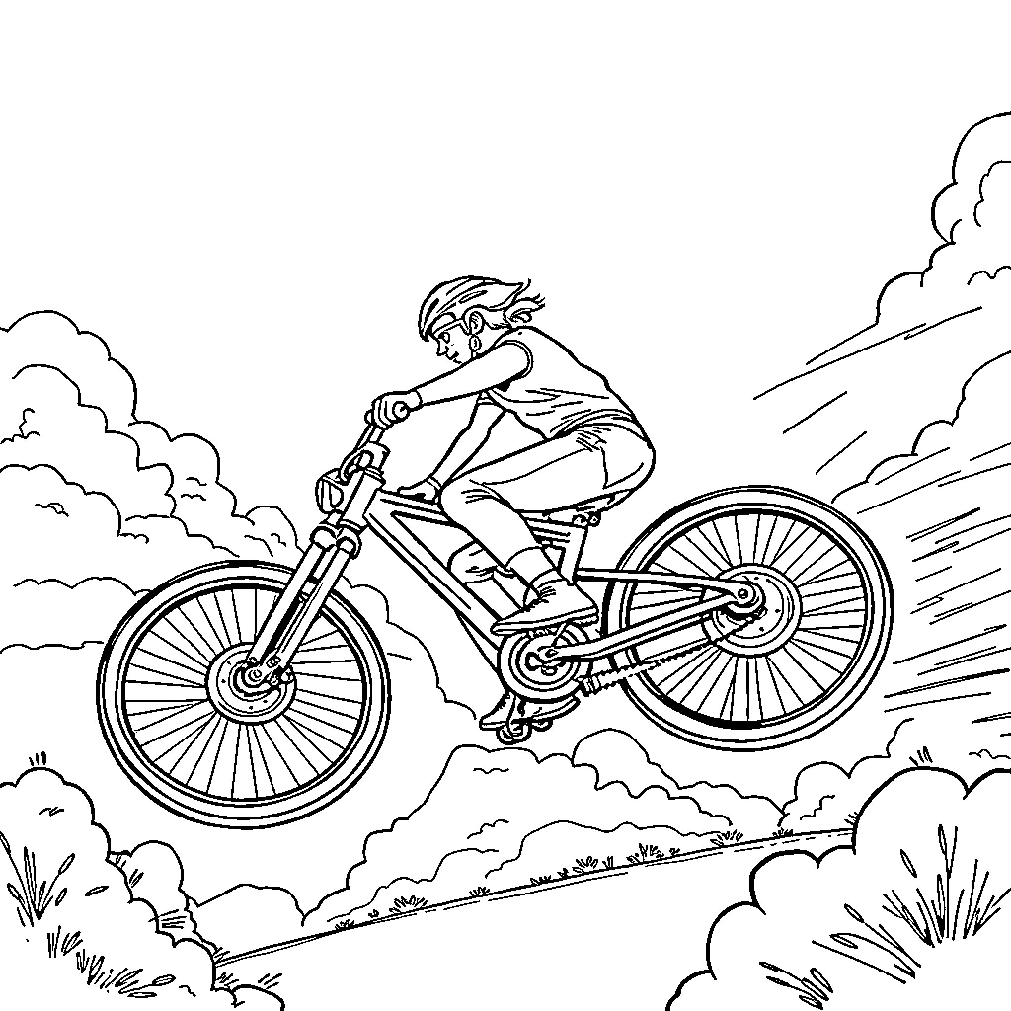 Hombre riding bicycle through rugged terrain Coloring Page (free black-and-white line drawing printable PDF for all, from beginners to advanced learners, including children, teens, adults, and seniors)