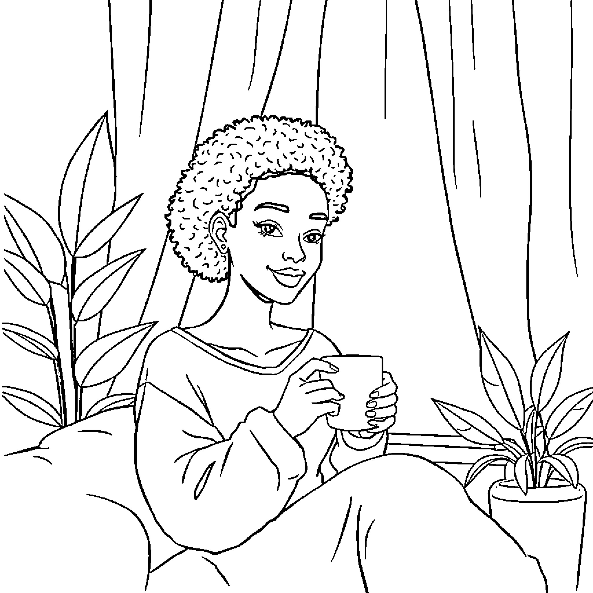 Woman sitting and enjoying a drink in nature Coloring Page (free black-and-white line drawing printable PDF for all, from beginners to advanced learners, including children, teens, adults, and seniors)
