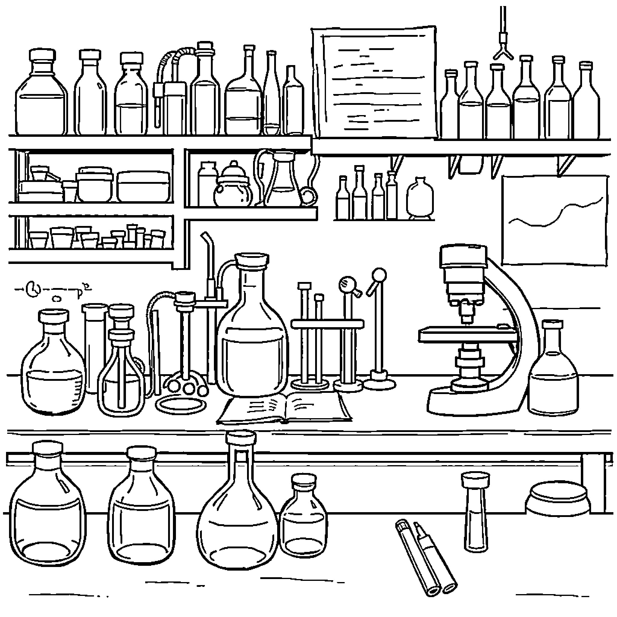 Laboratory Instrument Shelves with Scientific Glassware and Equipment Coloring Page (free black-and-white line drawing printable PDF for all, from beginners to advanced learners, including children, teens, adults, and seniors)