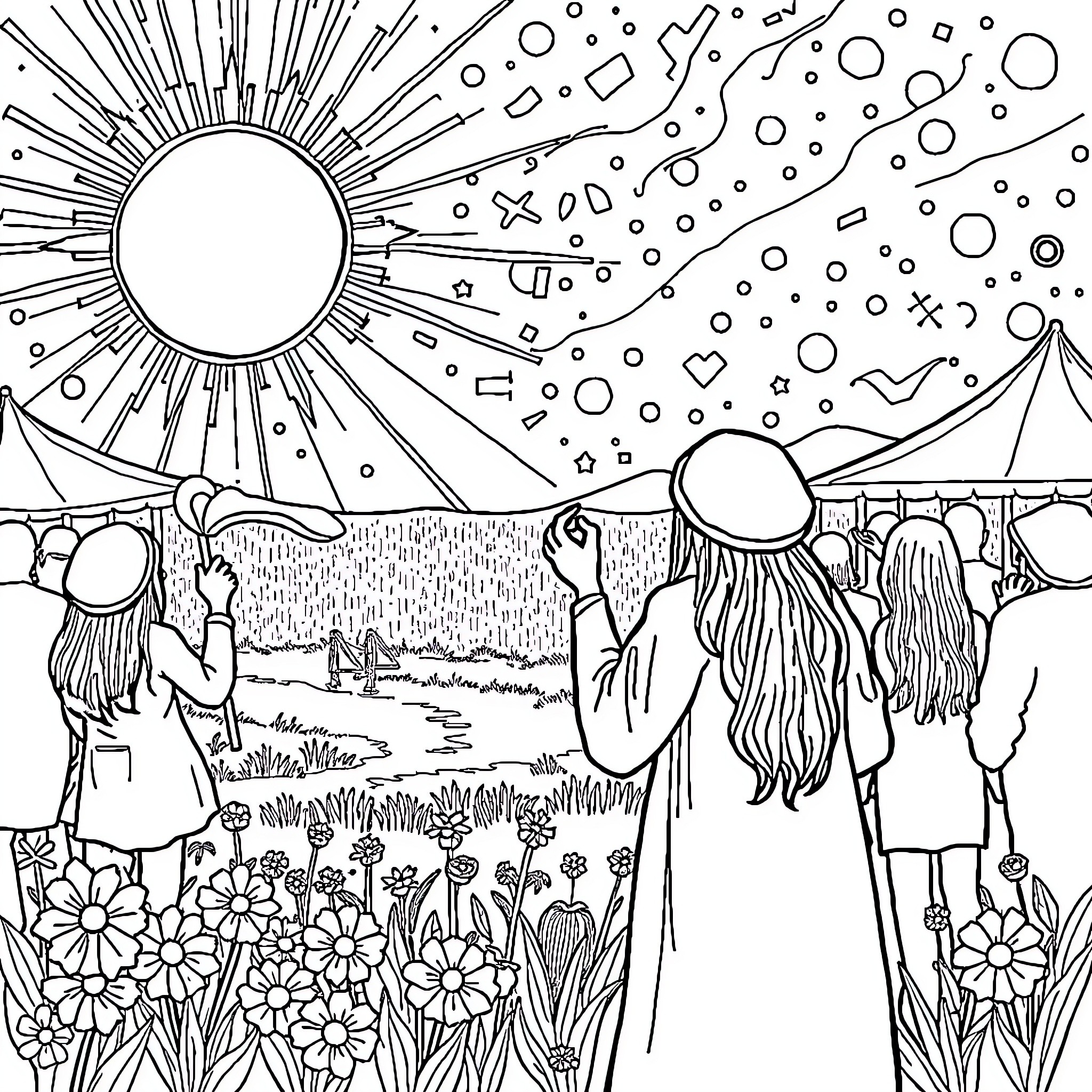Litha: Celebrants Gather at Solstice Ritual Coloring Page (free black-and-white line drawing printable PDF for all, from beginners to advanced learners, including children, teens, adults, and seniors)