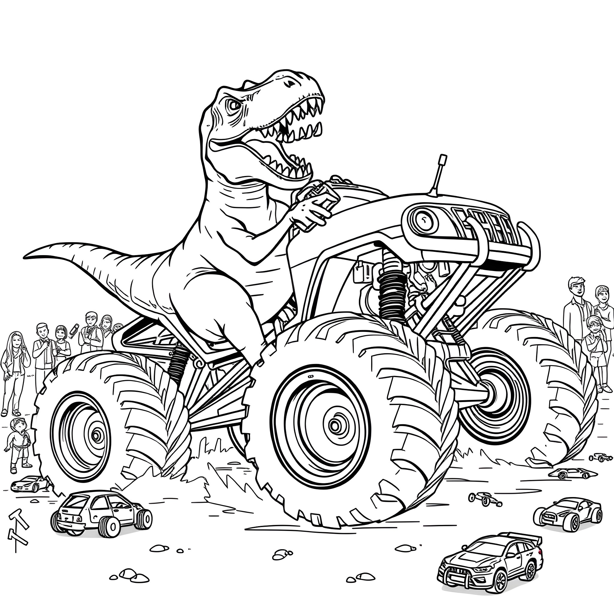 T-Rex Riding a Monster Truck in a Crowd Coloring Page (free black-and-white line drawing printable PDF for all, from beginners to advanced learners, including children, teens, adults, and seniors)