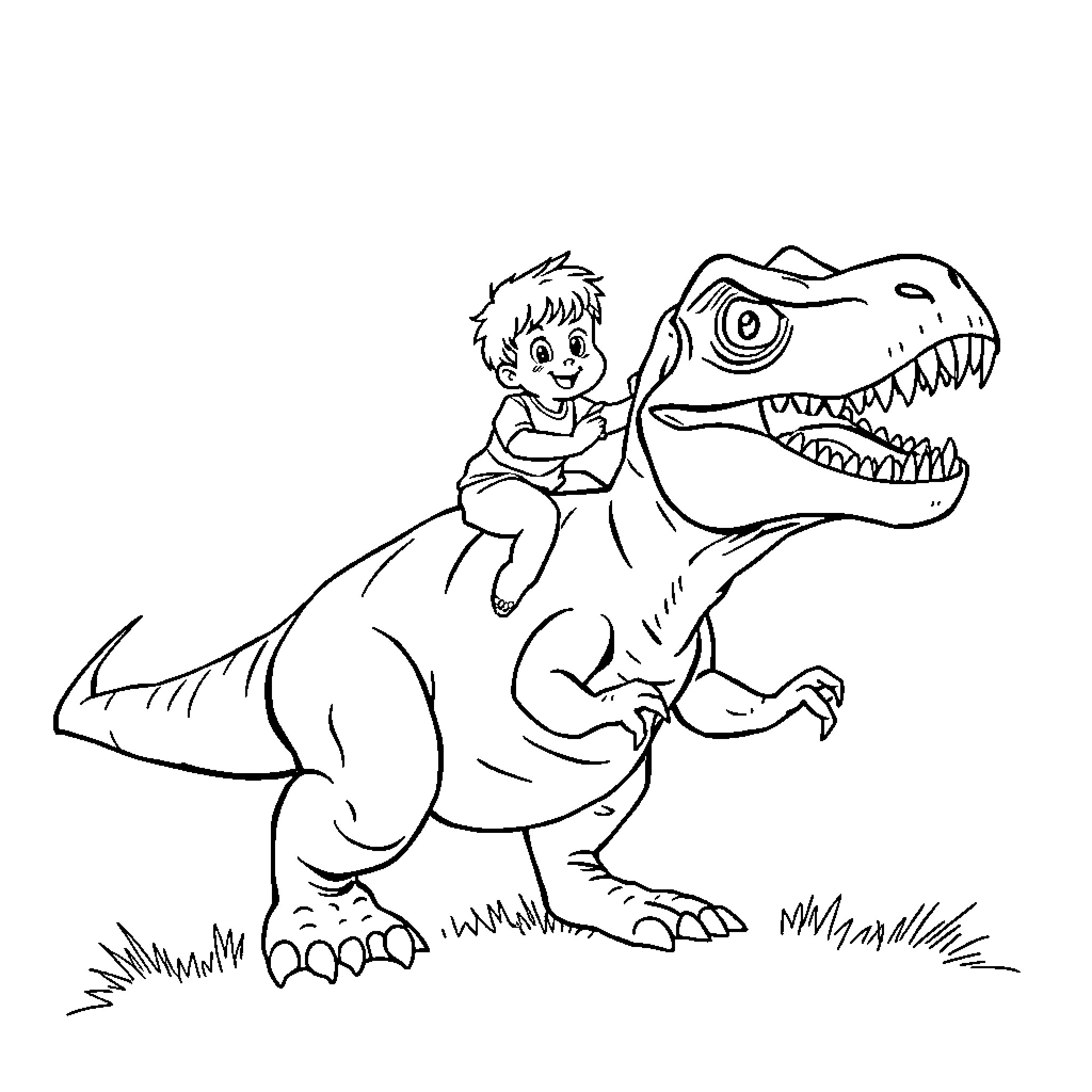 Raptor rides triumphantly with cheerful child Coloring Page (free black-and-white line drawing printable PDF for all, from beginners to advanced learners, including children, teens, adults, and seniors)