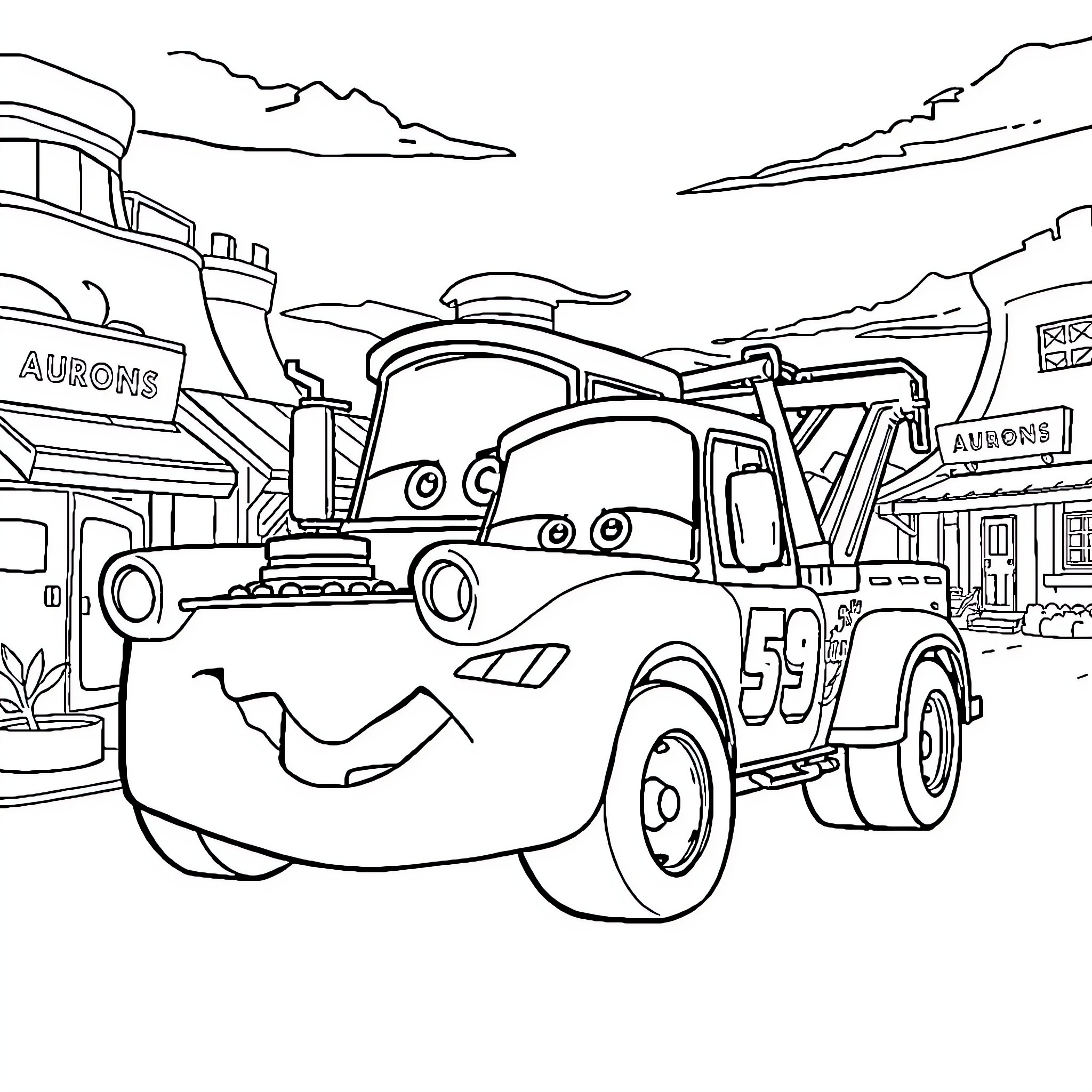 Flash McQueen in an adventurous tow truck scene Coloring Page (free black-and-white line drawing printable PDF for all, from beginners to advanced learners, including children, teens, adults, and seniors)