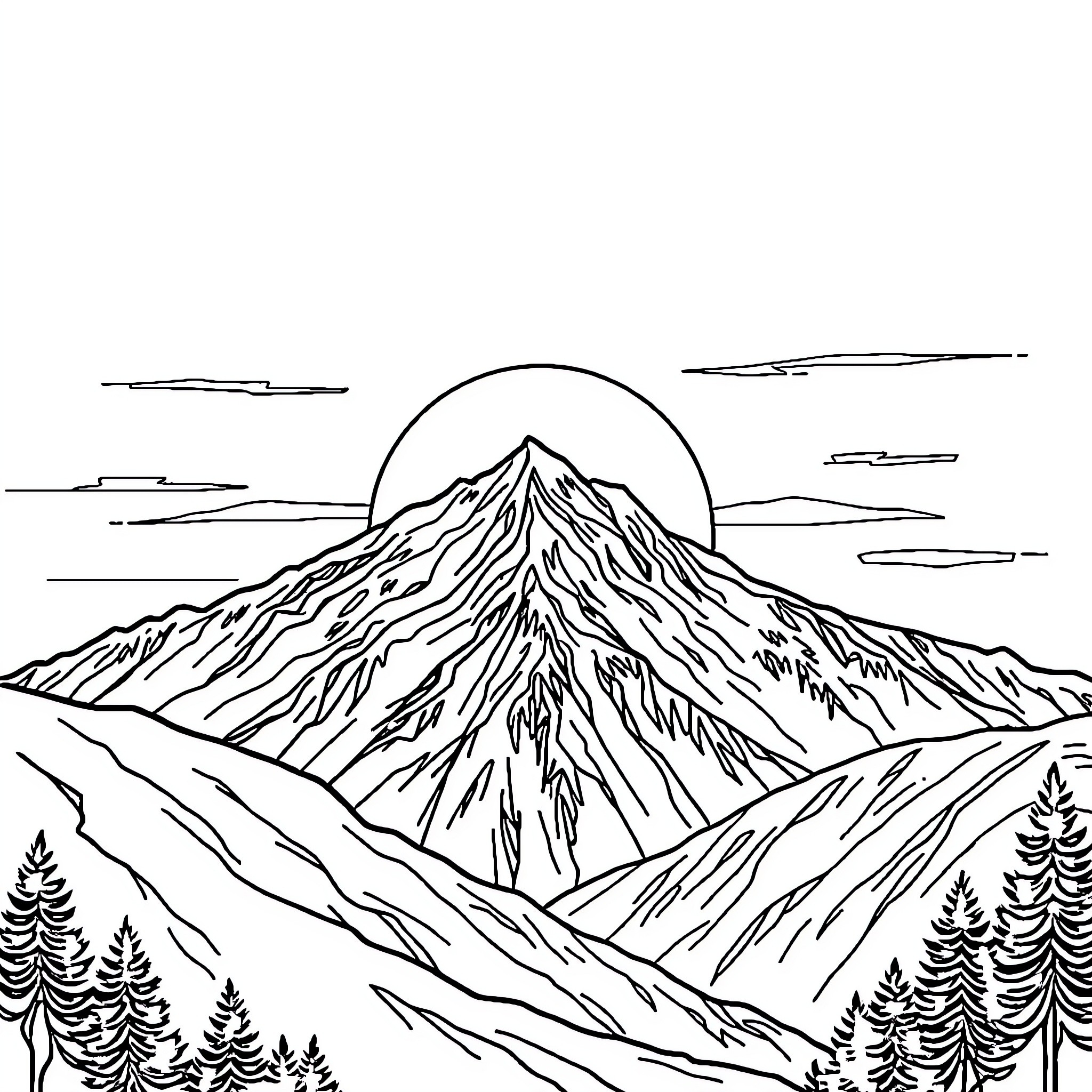 Sunset over majestic mountain landscape Coloring Page (free black-and-white line drawing printable PDF for all, from beginners to advanced learners, including children, teens, adults, and seniors)