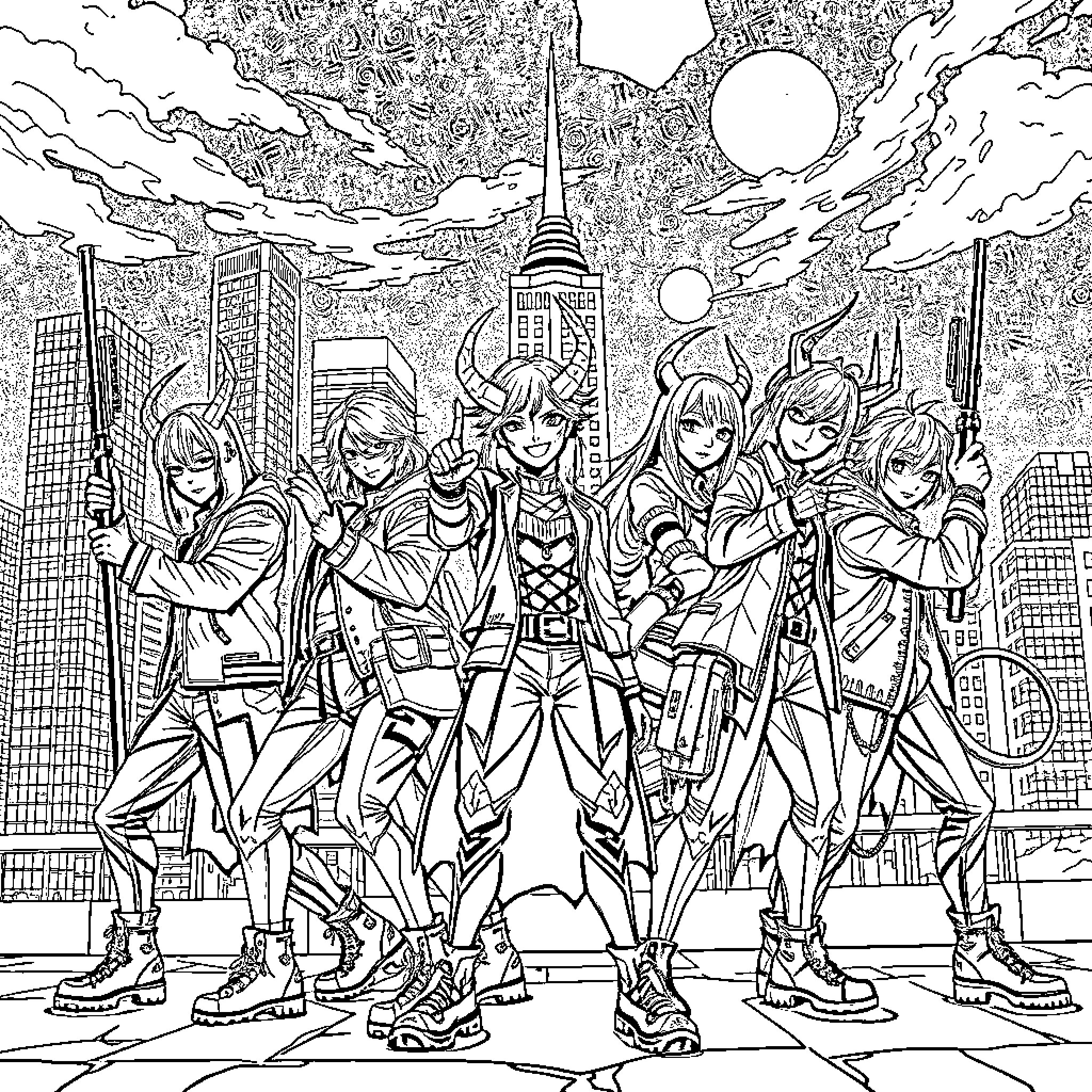 Demon Hunter Squad Protects the Futuristic City Coloring Page (free black-and-white line drawing printable PDF for all, from beginners to advanced learners, including children, teens, adults, and seniors)