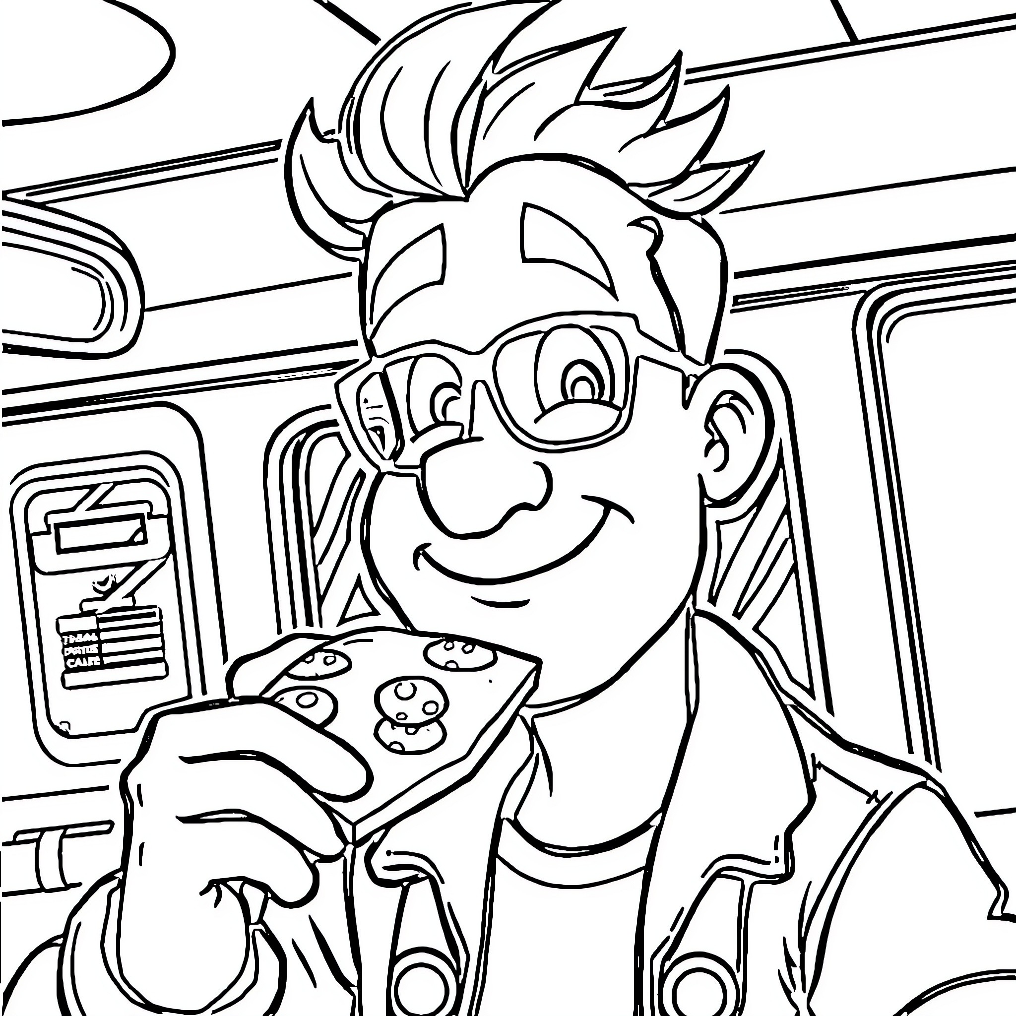 Arnoldo's Playful Adventures in the Mechanic's Garage Coloring Page (free black-and-white line drawing printable PDF for all, from beginners to advanced learners, including children, teens, adults, and seniors)