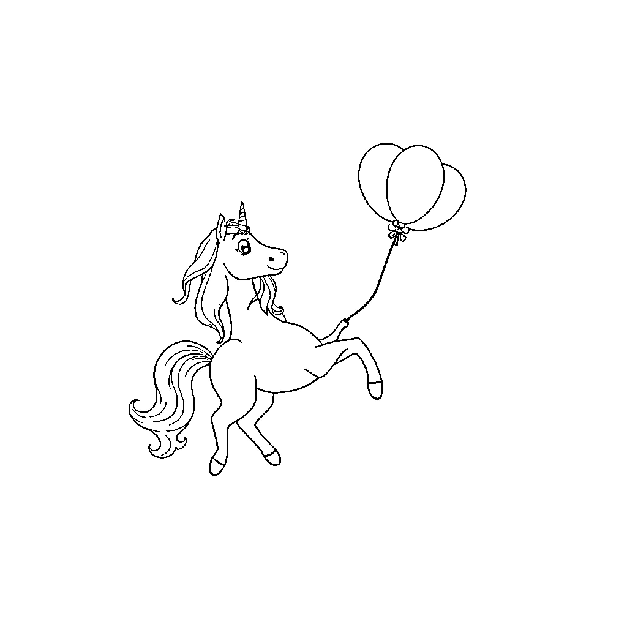 Unicorn soaring with colorful balloons Coloring Page (free black-and-white line drawing printable PDF for all, from beginners to advanced learners, including children, teens, adults, and seniors)