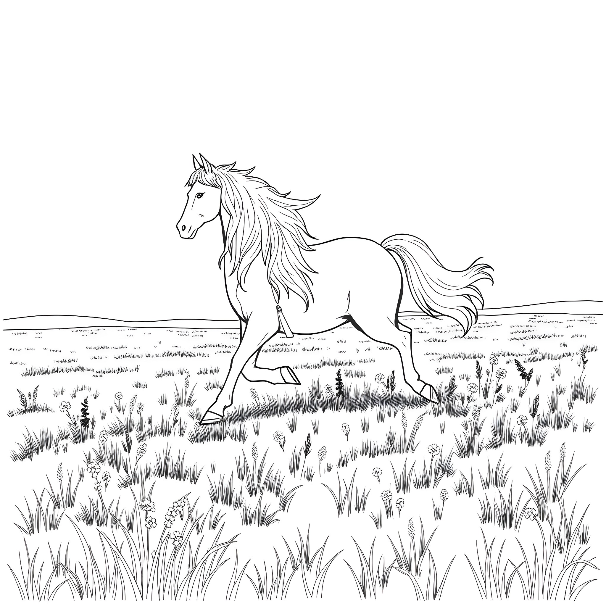 Spirit of the Meadow - Majestic Horse in Nature Coloring Page (free black-and-white line drawing printable PDF for all, from beginners to advanced learners, including children, teens, adults, and seniors)