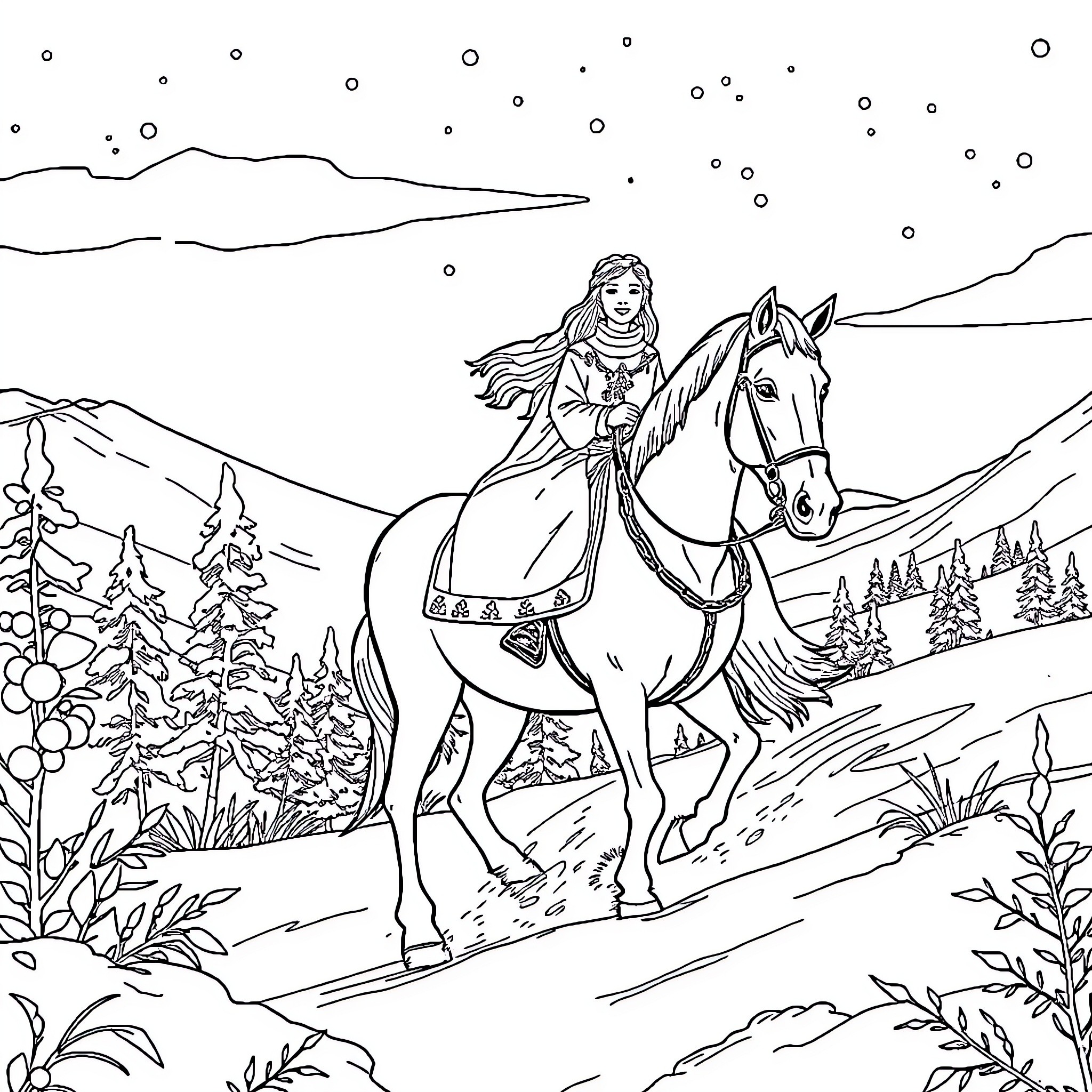 Snow Queen riding a majestic horse through a snowy landscape Coloring Page (free black-and-white line drawing printable PDF for all, from beginners to advanced learners, including children, teens, adults, and seniors)