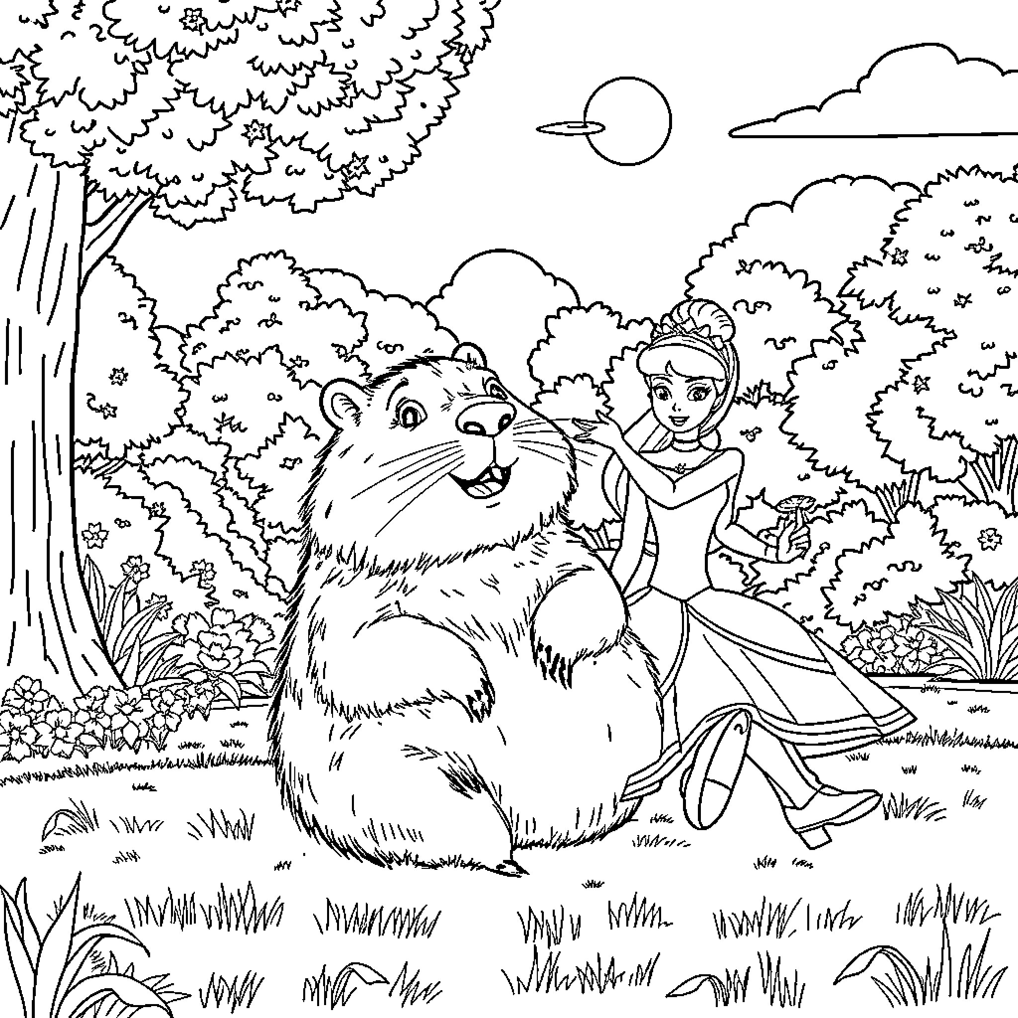 Capibara interacting with a young woman in a forest Coloring Page (free black-and-white line drawing printable PDF for all, from beginners to advanced learners, including children, teens, adults, and seniors)