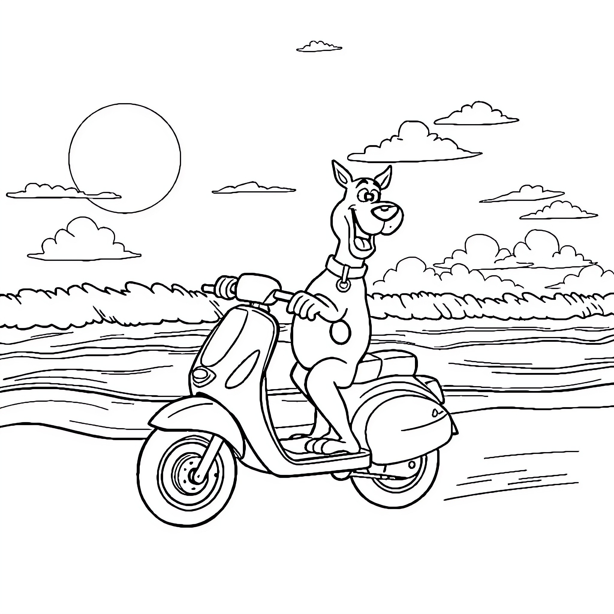 Scooby Doo riding a scooter on the beach Coloring Page (free black-and-white line drawing printable PDF for all, from beginners to advanced learners, including children, teens, adults, and seniors)