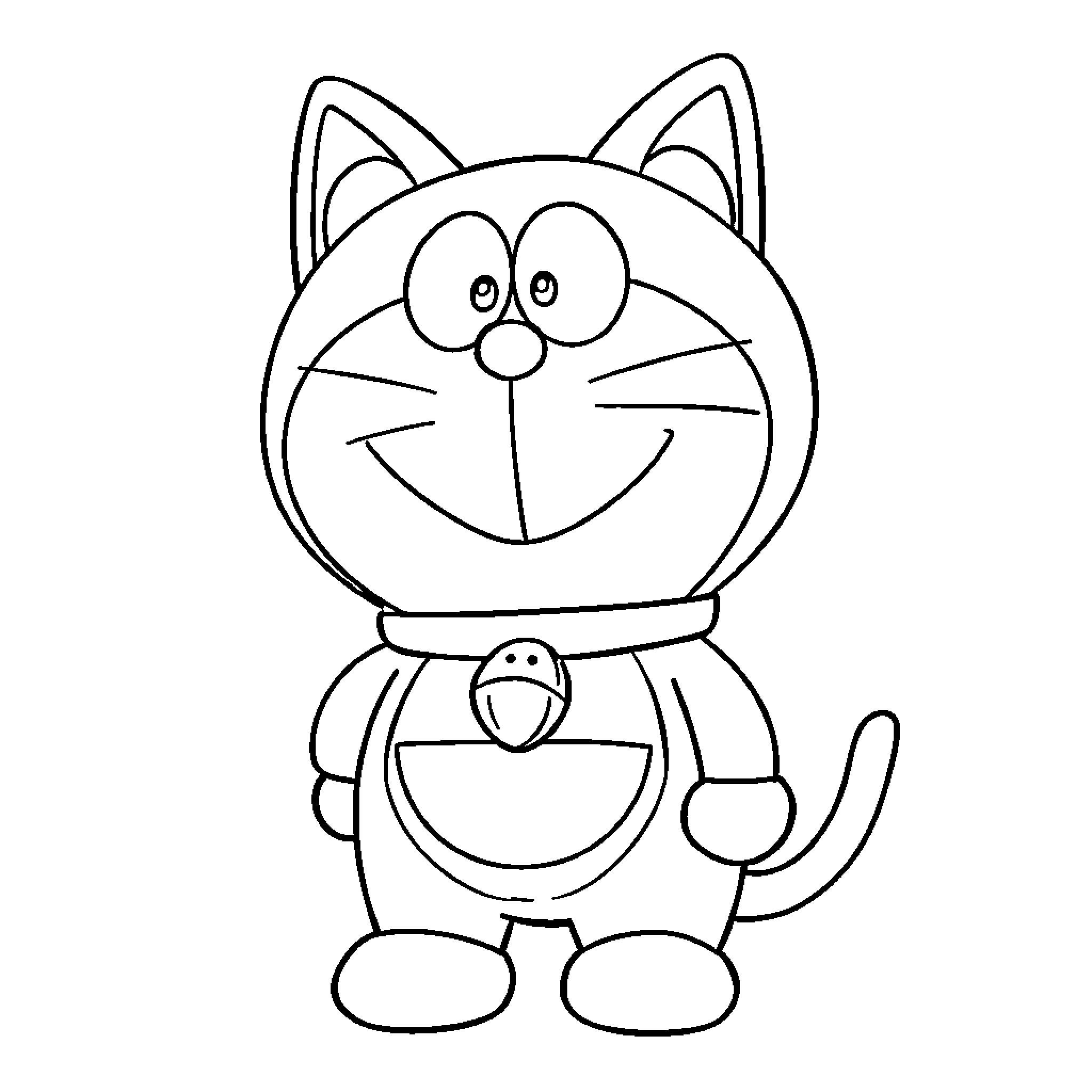 Doraemon smiling and waving happily Coloring Page (free black-and-white line drawing printable PDF for all, from beginners to advanced learners, including children, teens, adults, and seniors)