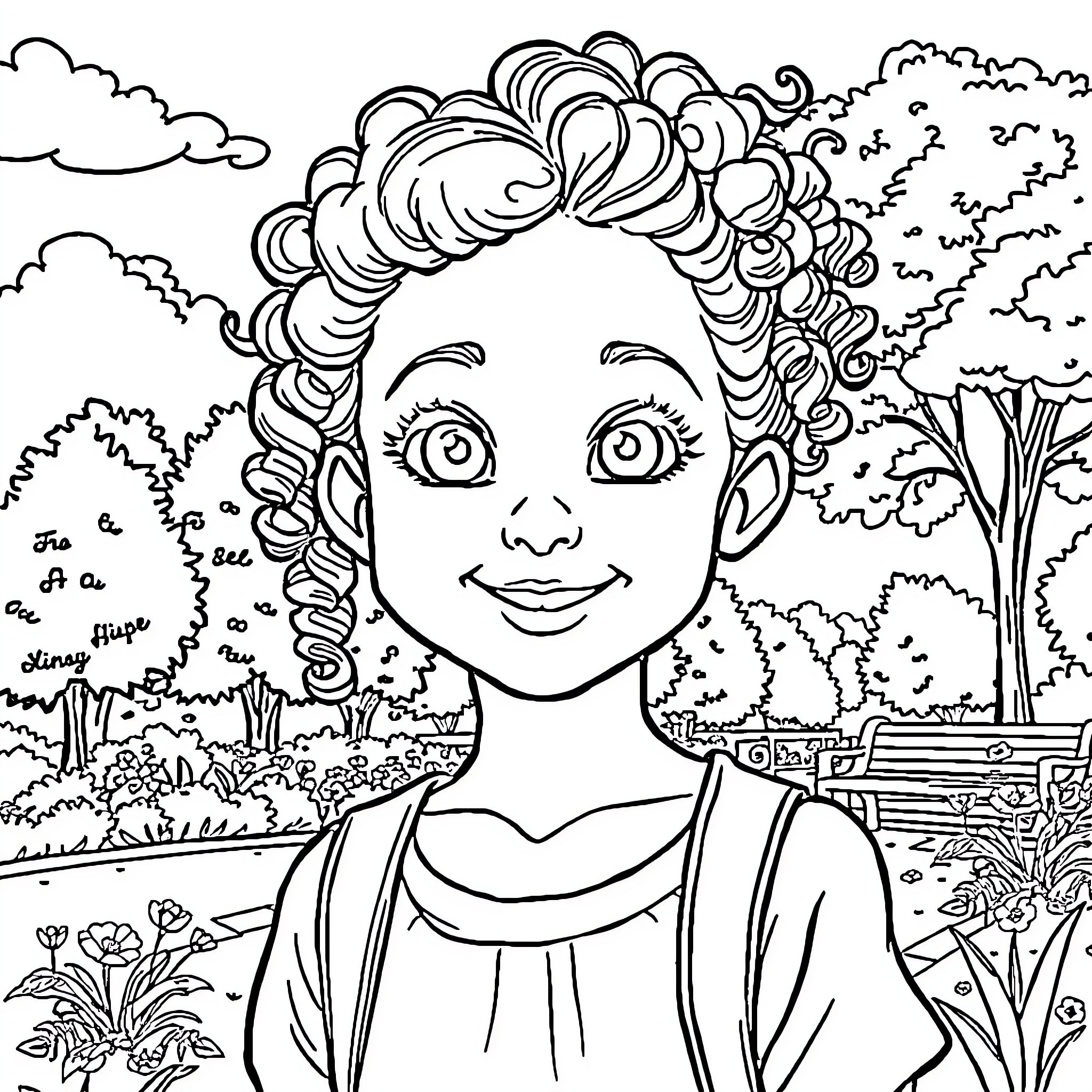 Charlotte's Joyful Nature in the Outdoor Garden Coloring Page (free black-and-white line drawing printable PDF for all, from beginners to advanced learners, including children, teens, adults, and seniors)