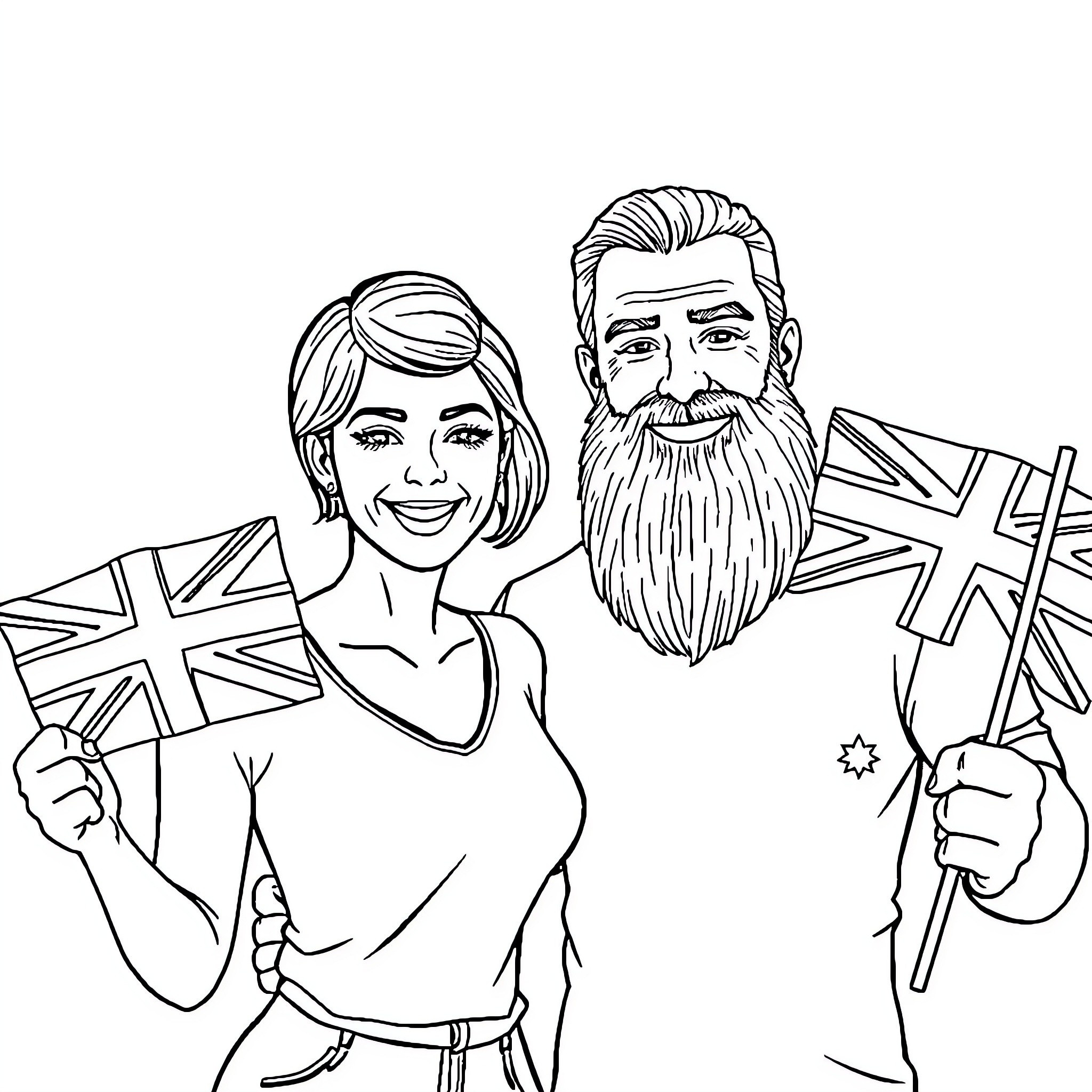 Flag-waving couple celebrating patriotically Coloring Page (free black-and-white line drawing printable PDF for all, from beginners to advanced learners, including children, teens, adults, and seniors)
