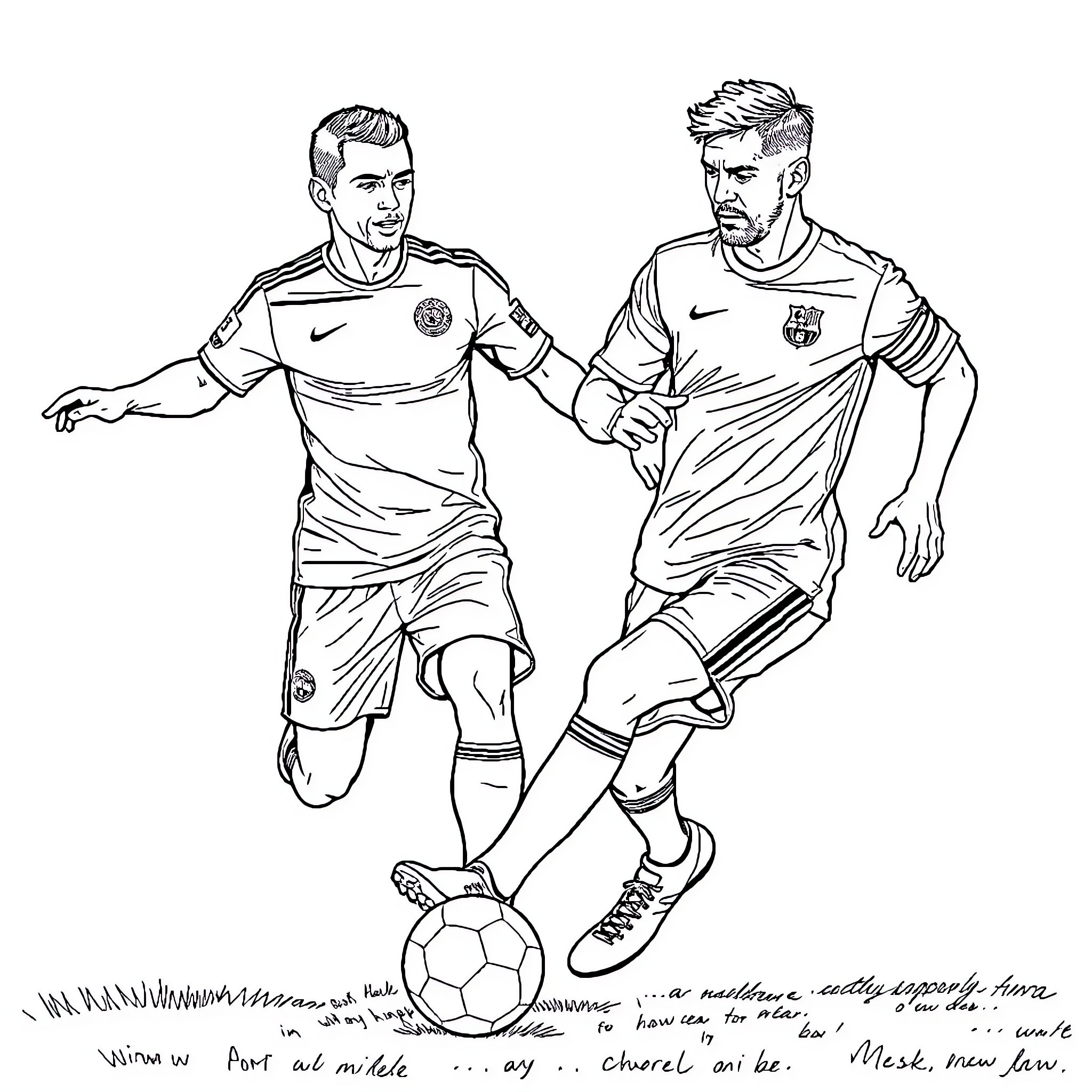 Ronaldo Players Competing for the Ball on Field Coloring Page (free black-and-white line drawing printable PDF for all, from beginners to advanced learners, including children, teens, adults, and seniors)